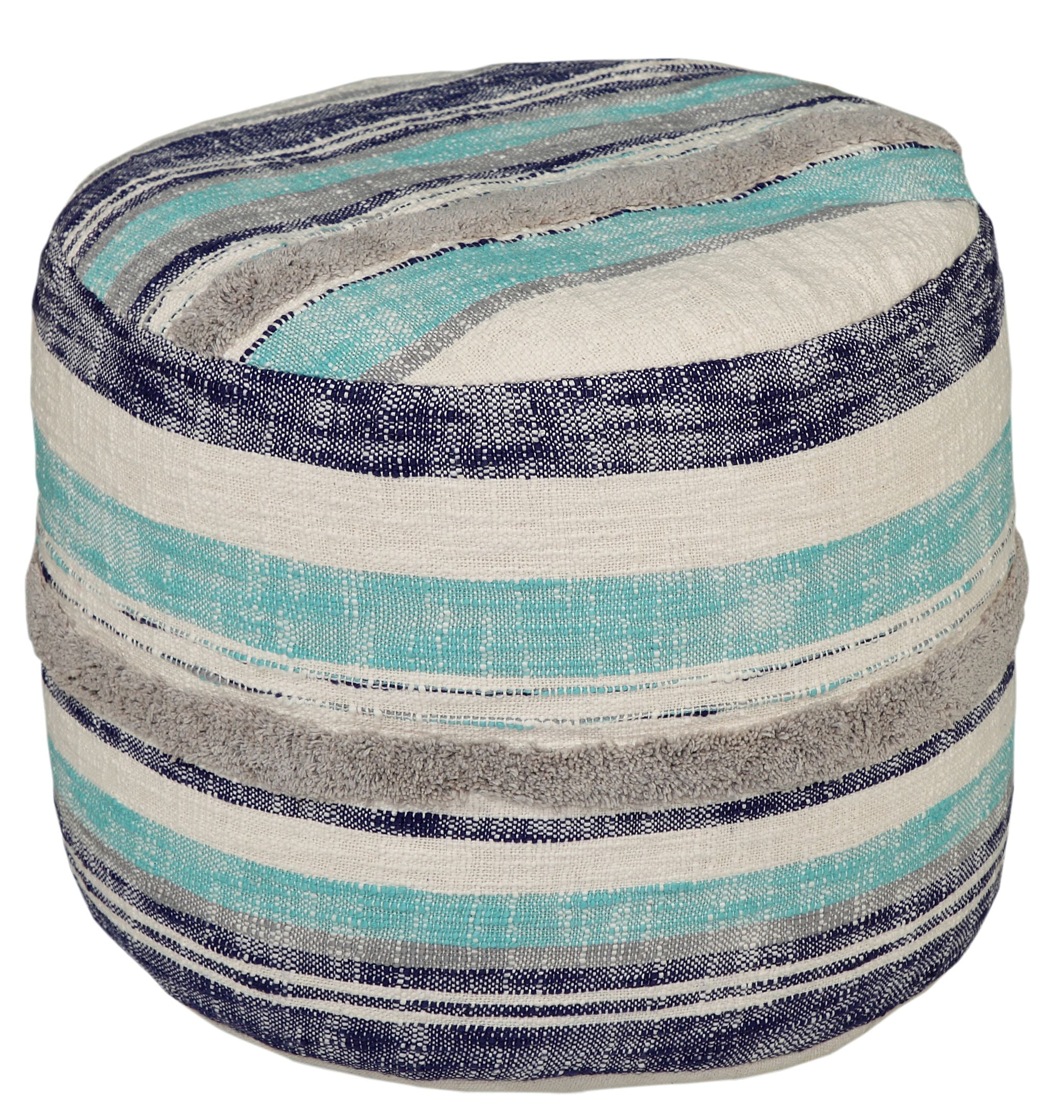 LR Home Fred Round Blue/Cream Striped Indoor Pouf Ottoman, 14"H x 18"W