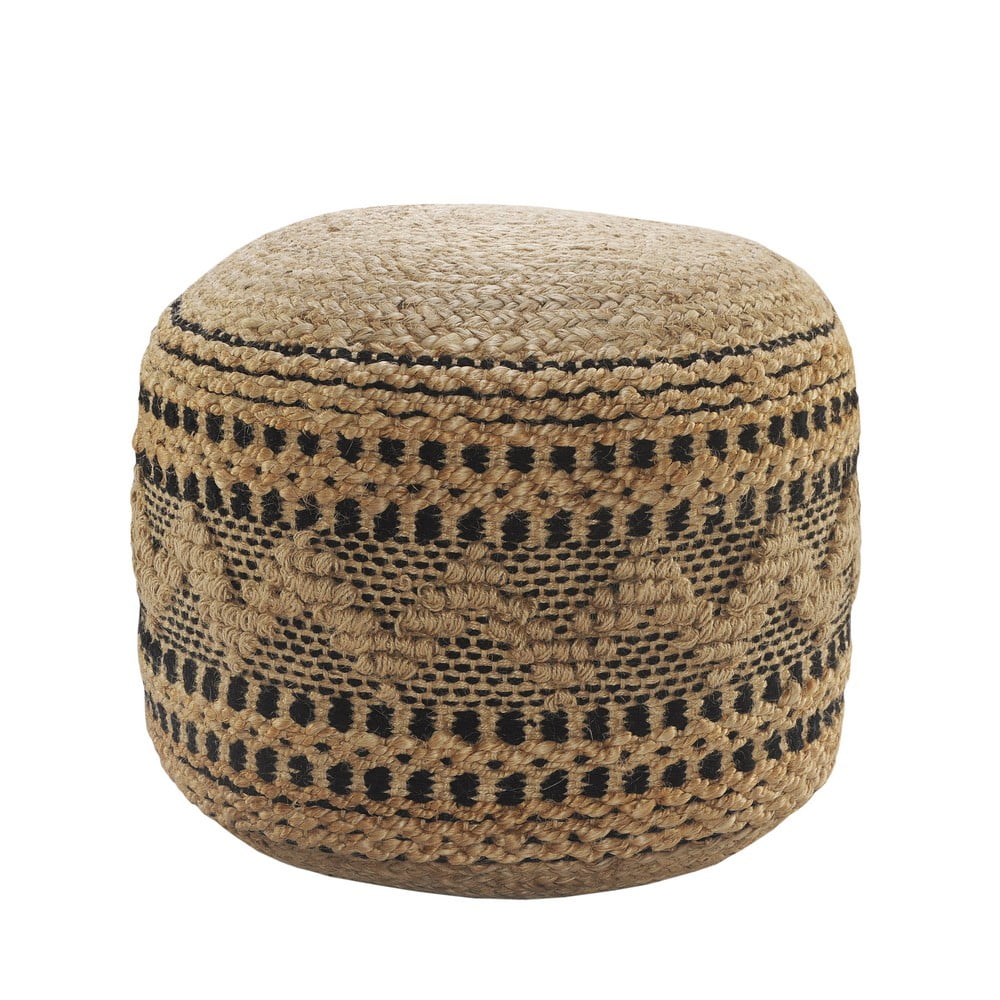 LR Home Small Braided Geometric Indoor Round Pouf, Tan/Black, 18" x 18" x 14"
