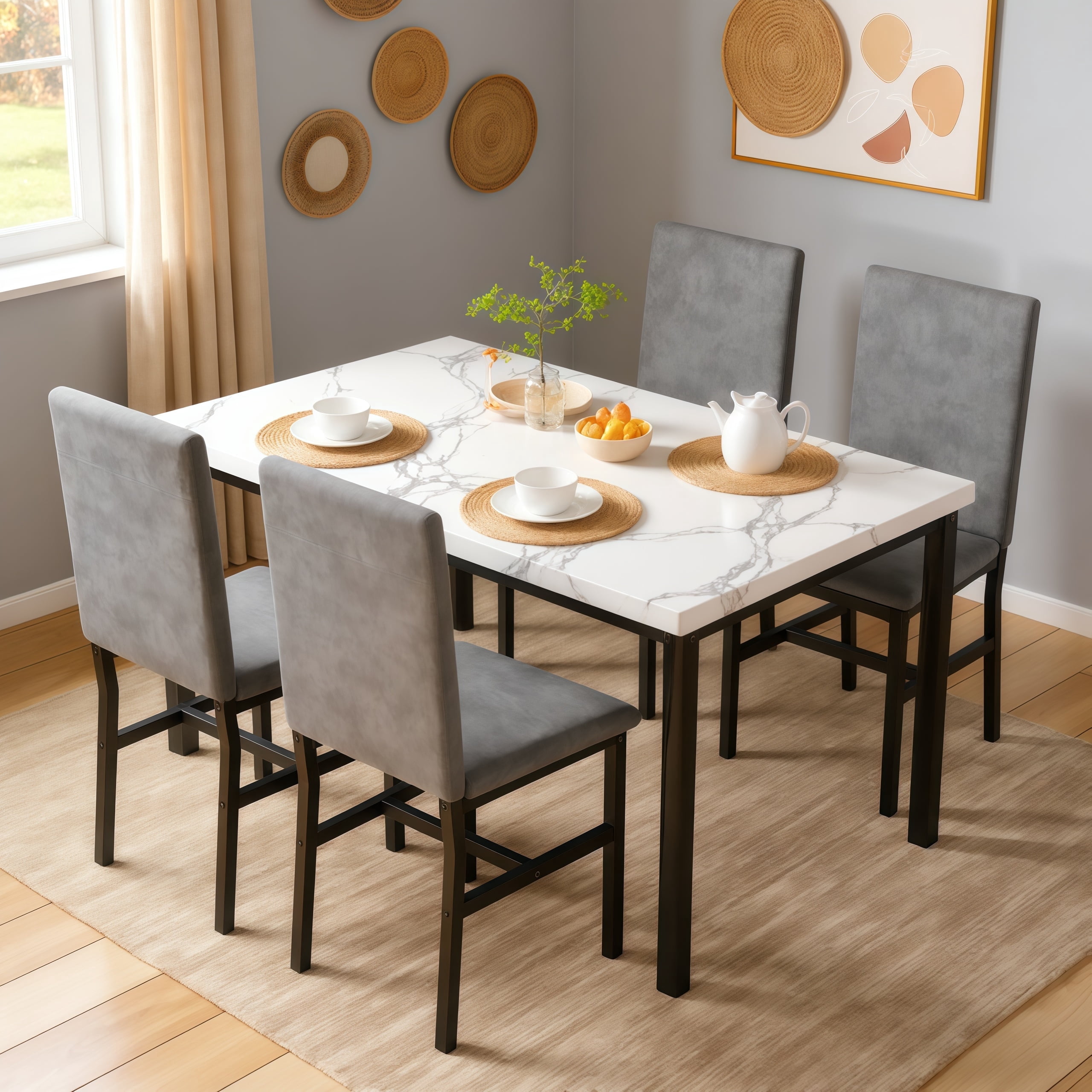 Cvortll 5-Piece Dining Table Set for 4, Modern Faux Marble Dining Table with 4 Velvet Chairs, White & Grey