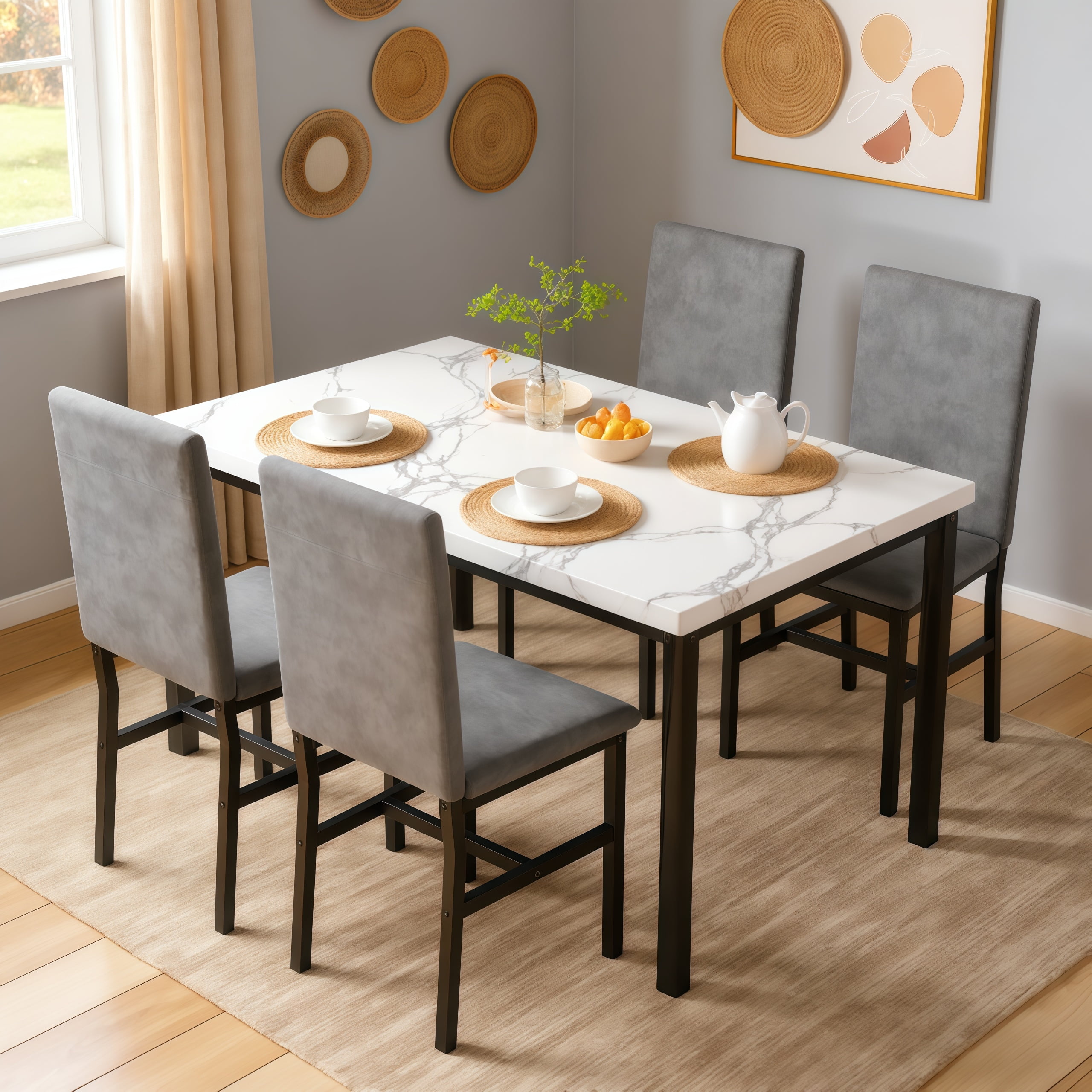LTTROMAT 5-Piece Dining Table Set for 4, Modern Faux Marble Dining Table with 4 Velvet Chairs, White & Grey