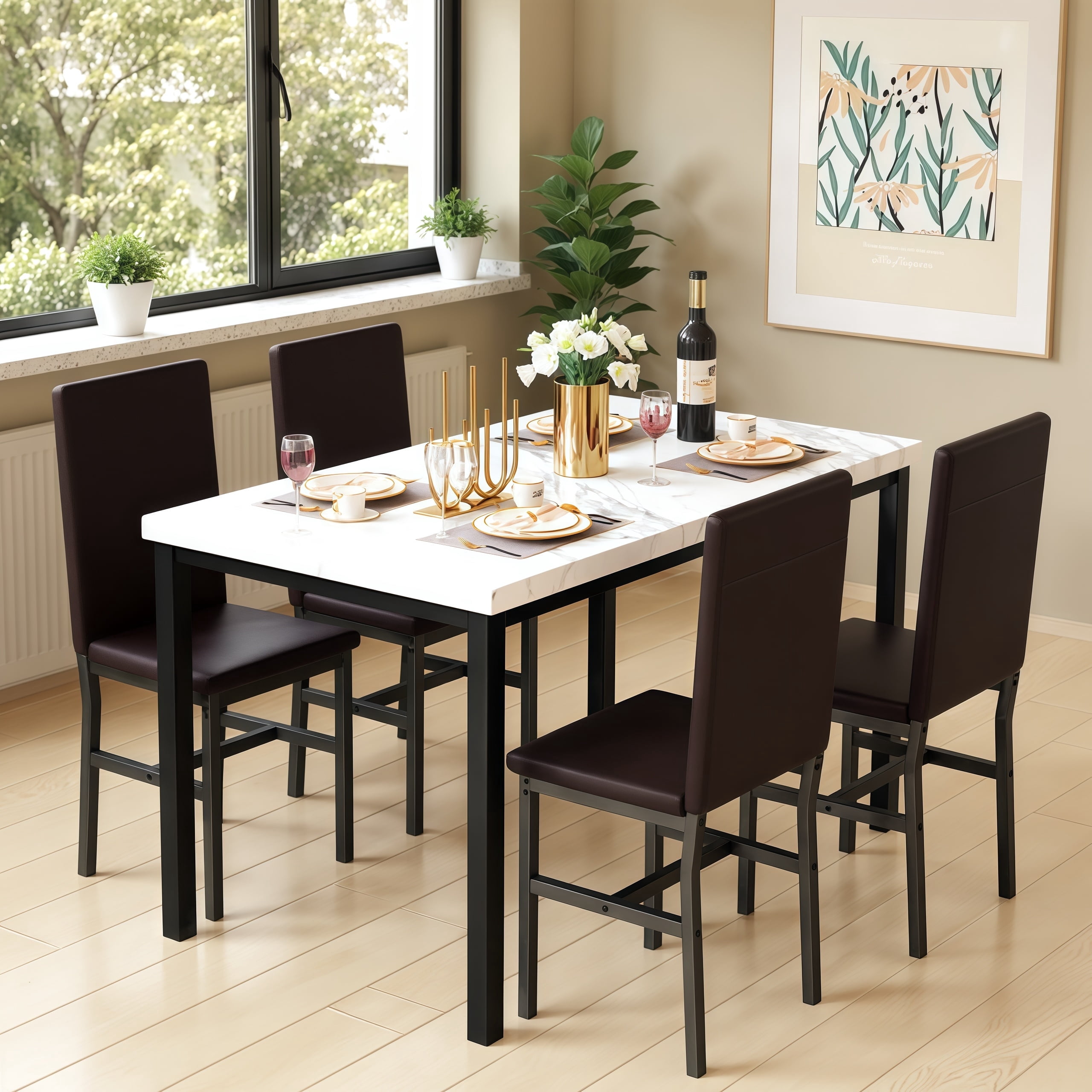 LTTROMAT Dining Table Set for 4, Modern Faux Marble Kitchen Table Set with 4 Leather Upholstered Chairs, 5-Piece Dinette for Dining Room, Nooks