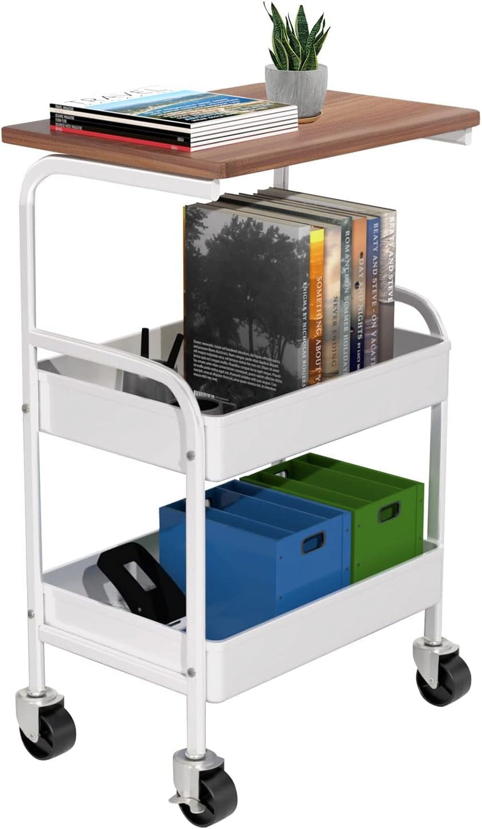 LUCKUP Rolling Cart with Wooden Tabletop, 3 Tier Metal Utility Cart, Rolling Storage Organizer Cart with Lockable Wheels for Kitchen, Office, Bedroom (White)