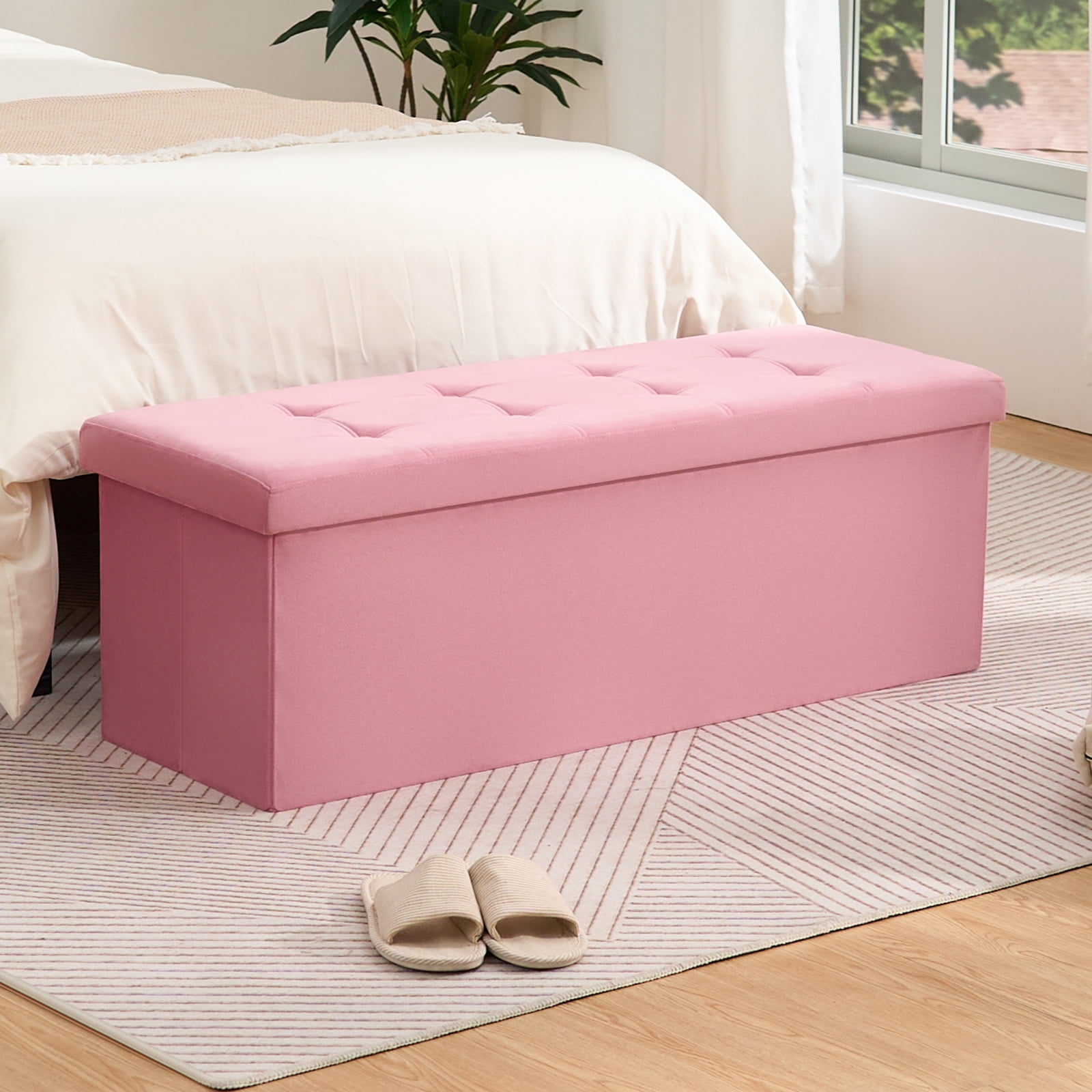 LUSIMO Ottoman with Storage 43" Velvet Storage Bench Folding End of Bed Bench Hold up to 660lb Footstool for Bedroom Living Room, Pink