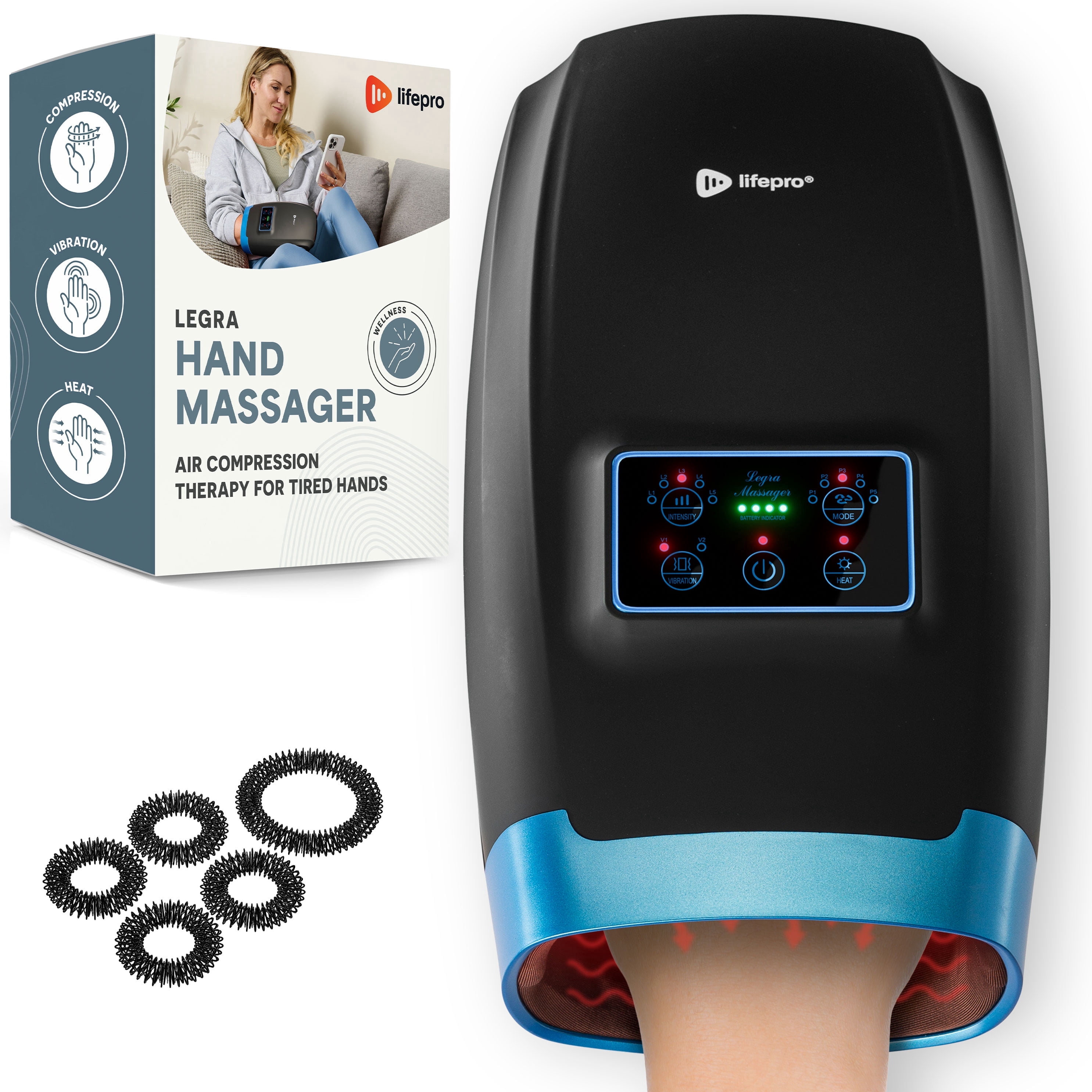 LifePro Legra Hand Massager with Heat and Compression – Electric Hand Massager with 5 Modes, Vibration & Adjustable Intensity - Black