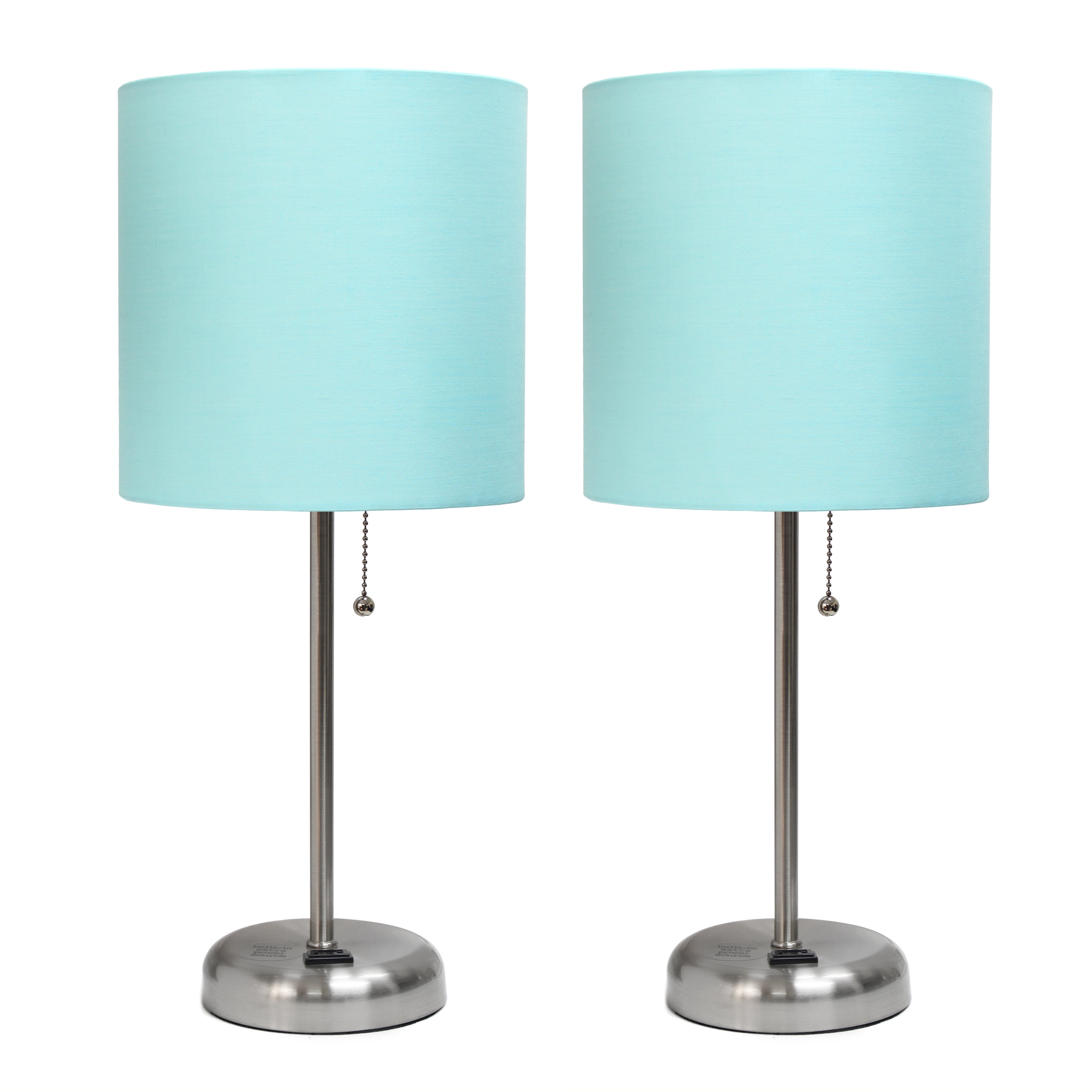 LimeLights Silver Metal Stick Lamp 2 Pack w/ Power Outlet with Aqua Blue Shade