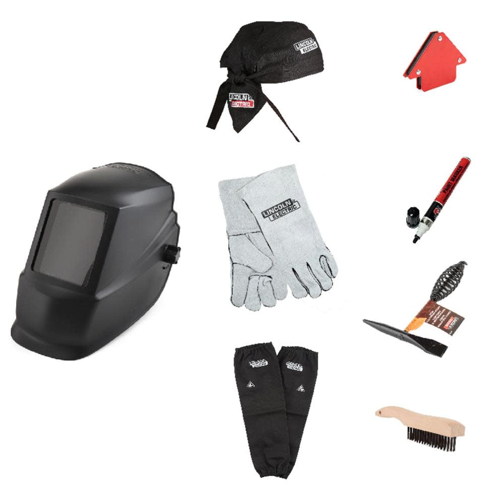 Lincoln Electric Auto Darkening Welding Helmet Kit, Chipping Hammer, Wire Brush, Magnet, etc.