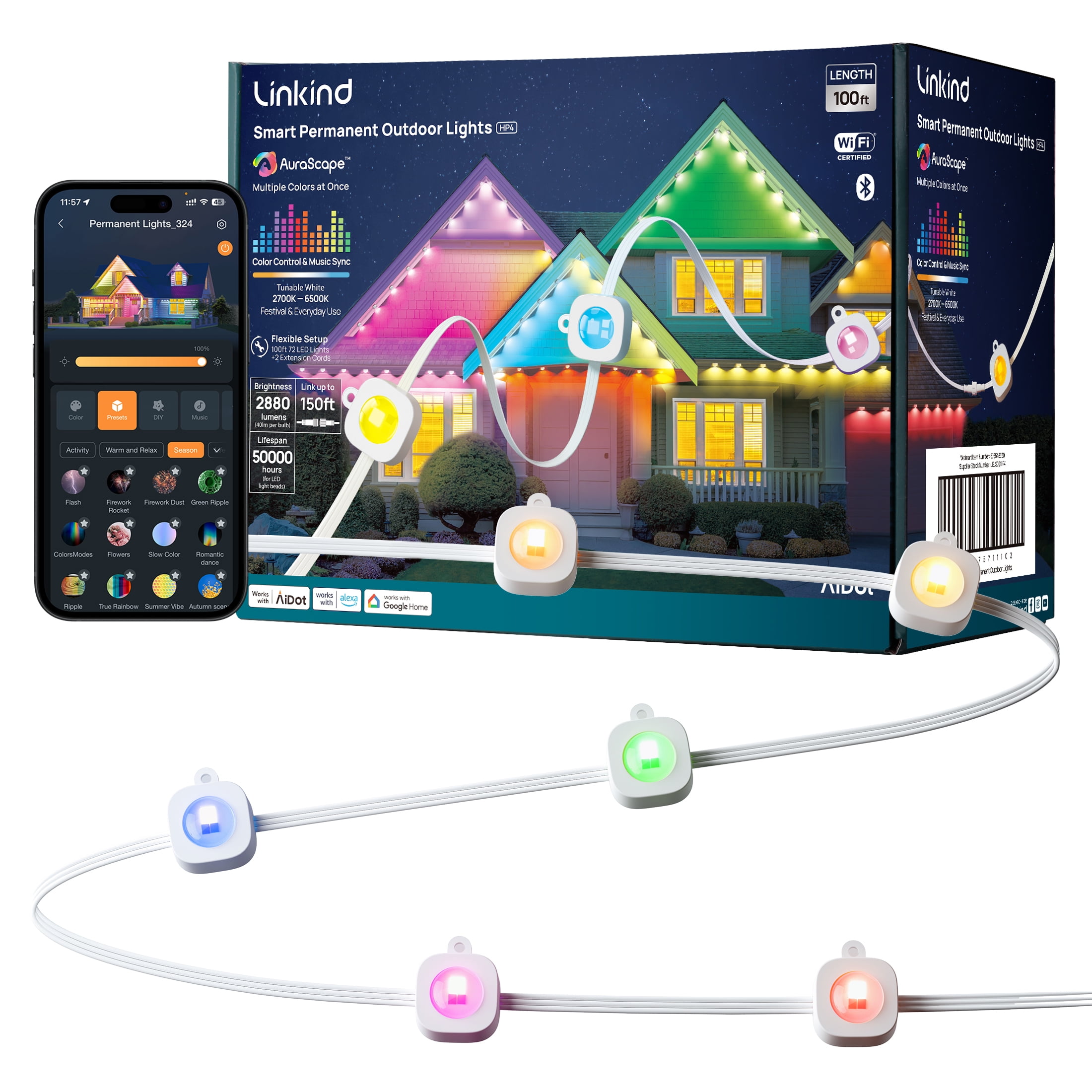 Linkind HP4 Smart Permanent Outdoor Lights 100ft, Color-Changing LED Strip Lights, IP67 Waterproof, Wifi + Bluetooth, Patio, Garden Decor, Holiday Lighting