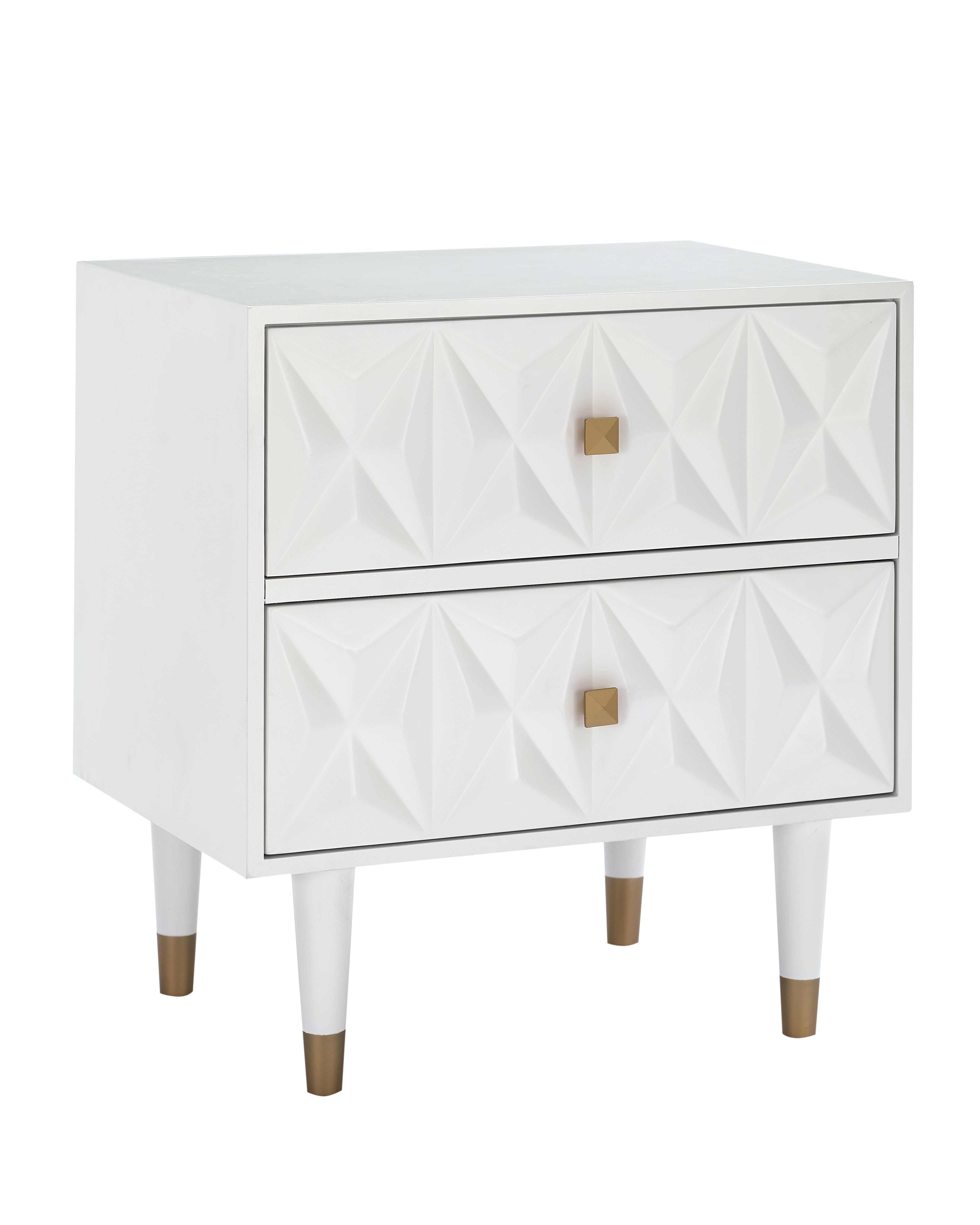Linon Alick Wood Geo Texture 2 Drawer Nightstand Gold Hardware in Glossy White