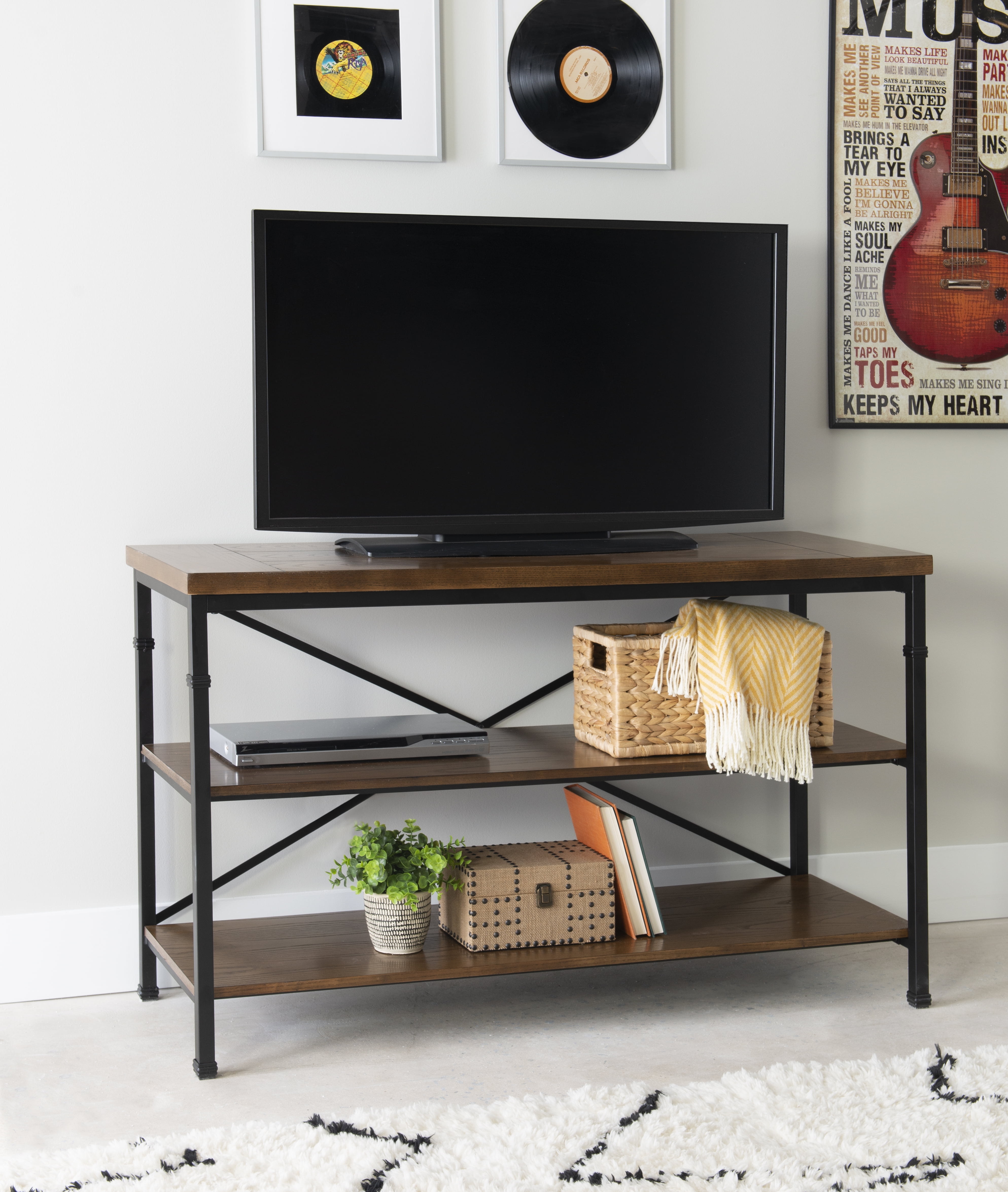 Linon Austin Rustic Open Back Media Stand 3 Wood Shelves Metal Frame in Black