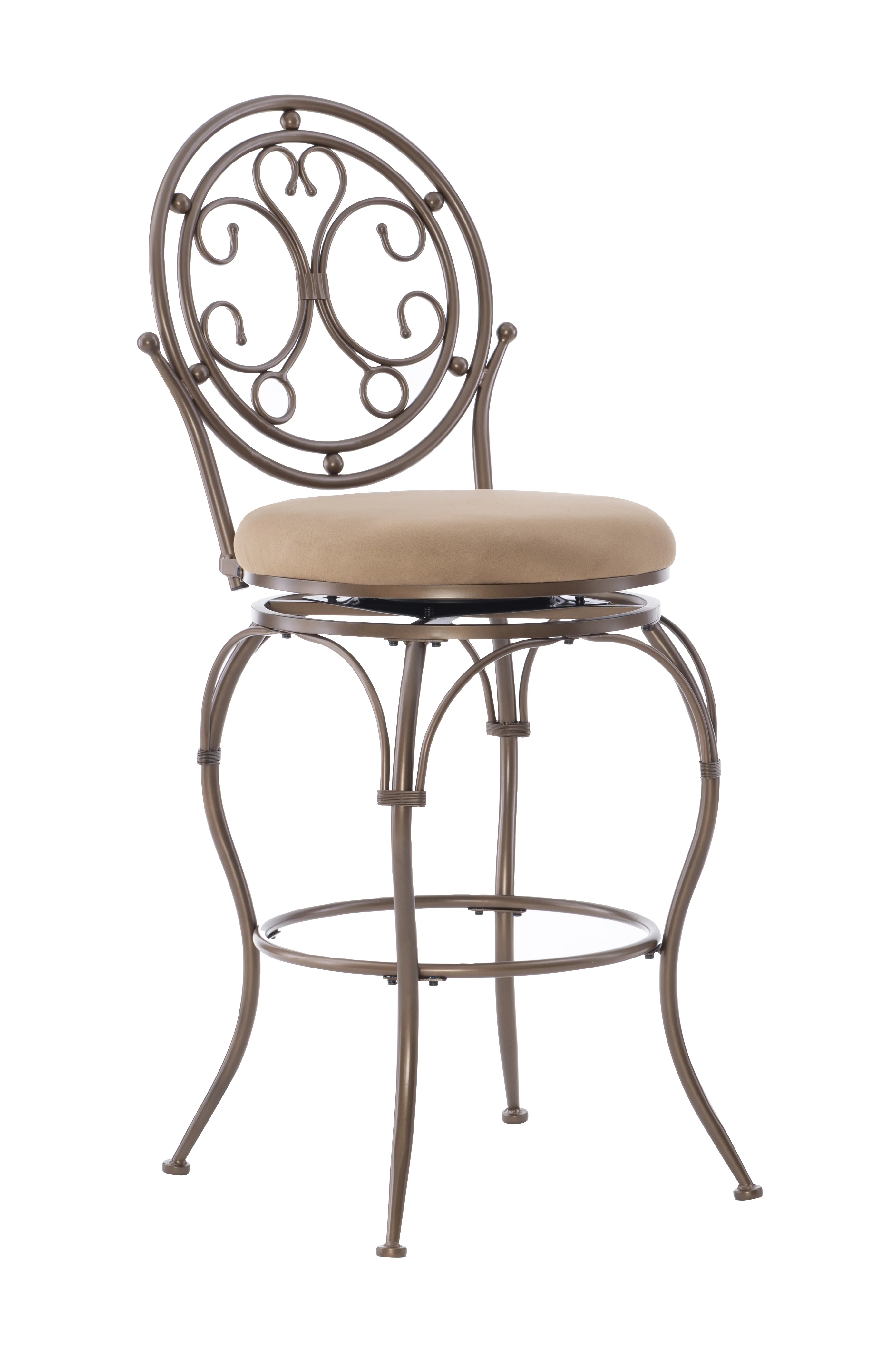 Linon Baila Big & Tall Metal Bar Stool Scroll Back Swivel Padded Seat in Bronze