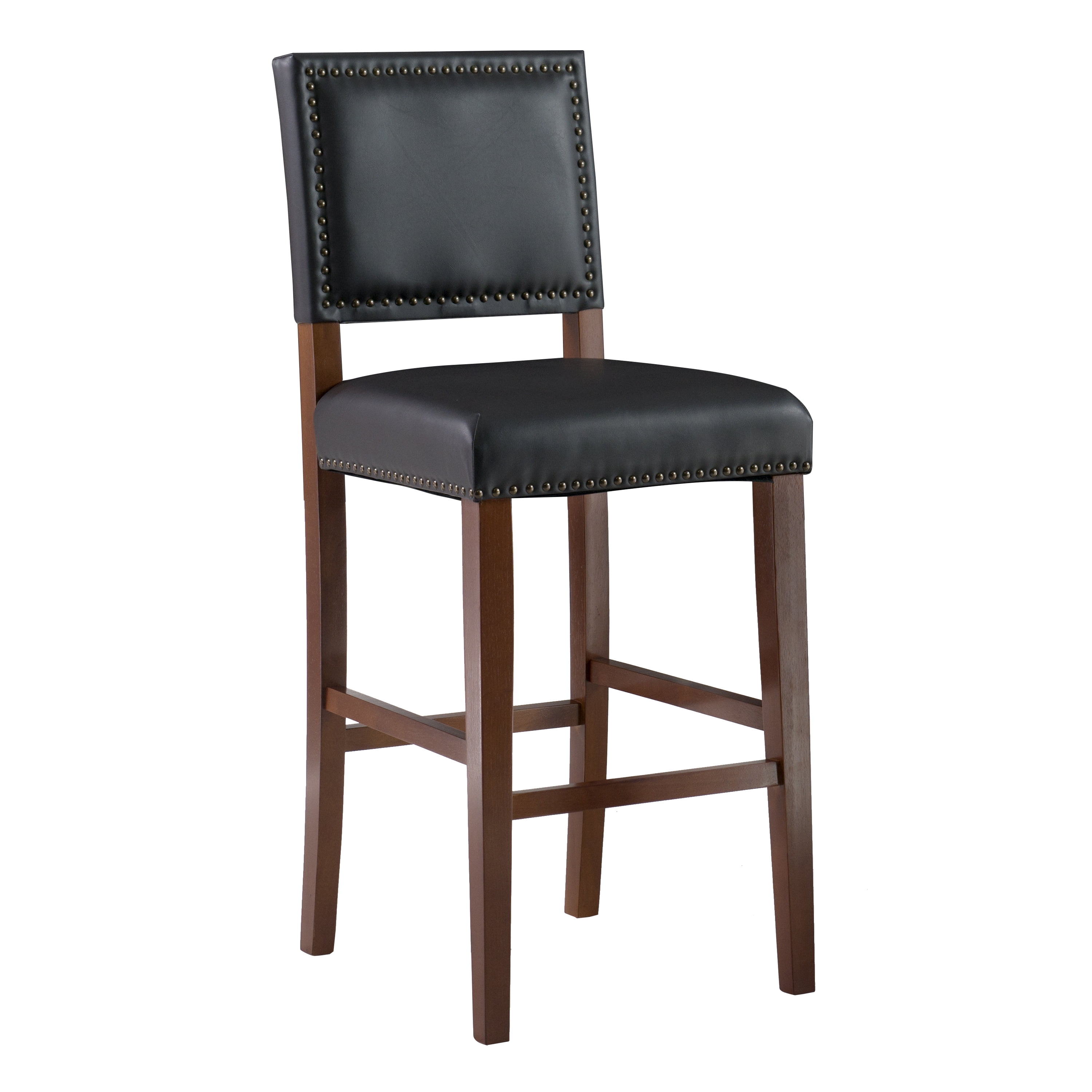 Linon Brook 30" High Back Bar Stool, Rustic Cherry/Black Faux Leather