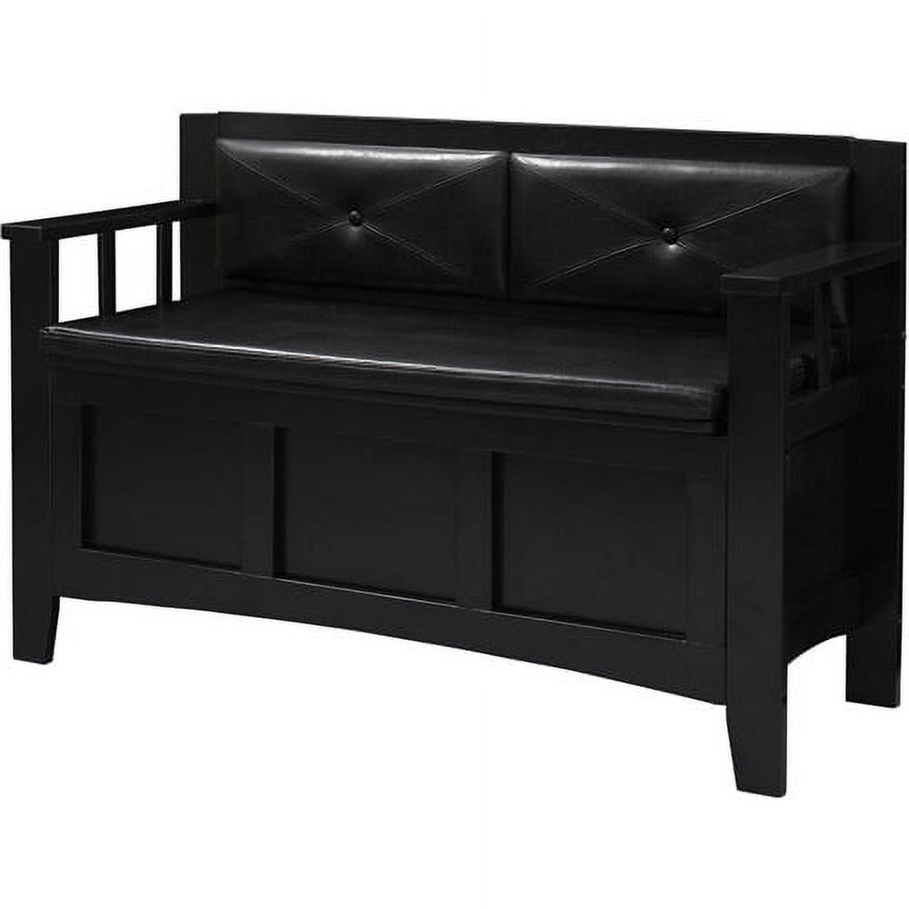 Linon Carlton Storage Bench Faux Leather Padded Back & Seat in Black Wood