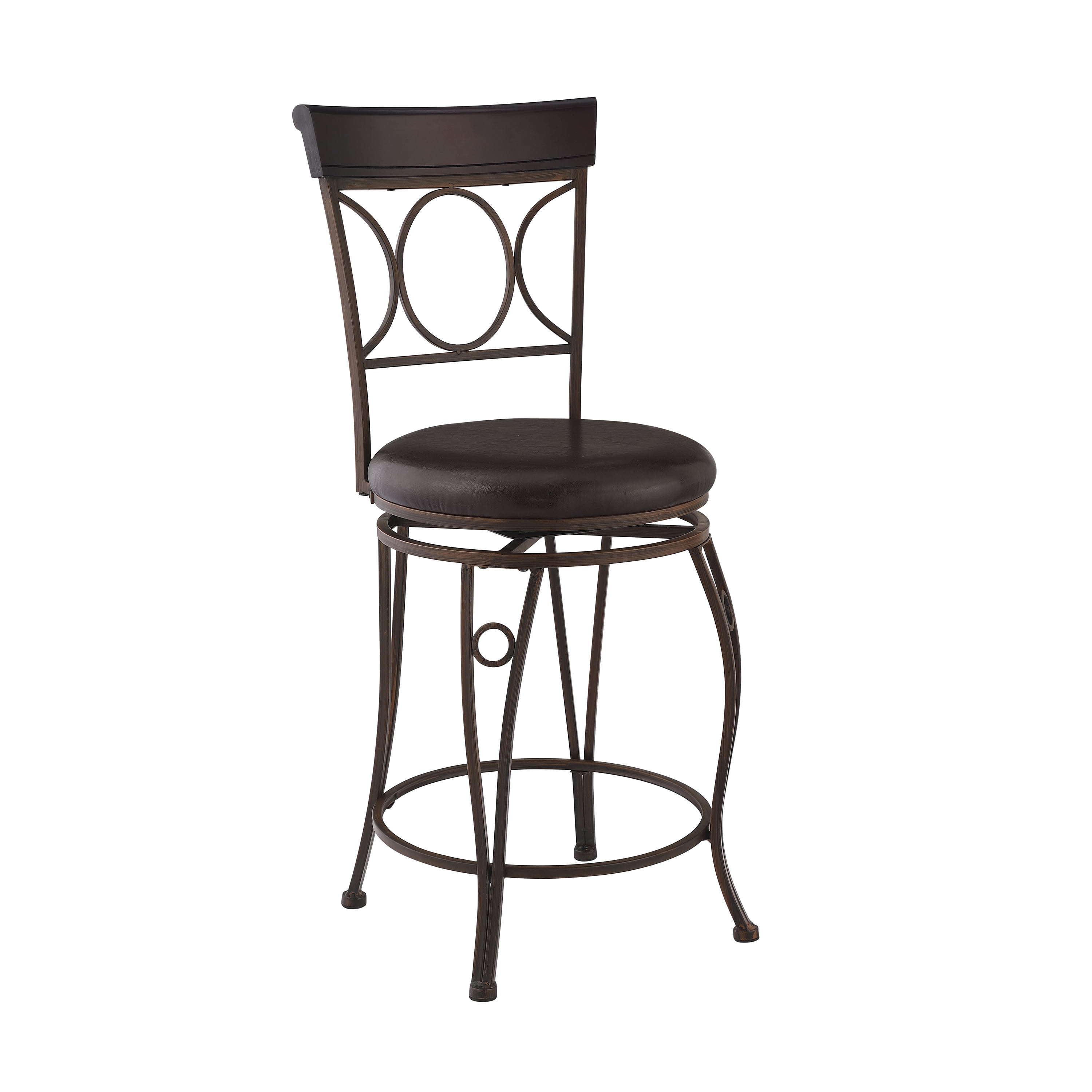 Linon Circles 24" Indoor Metal Swivel Counter Stool, Distressed Bronze/Dark Brown Faux Leather