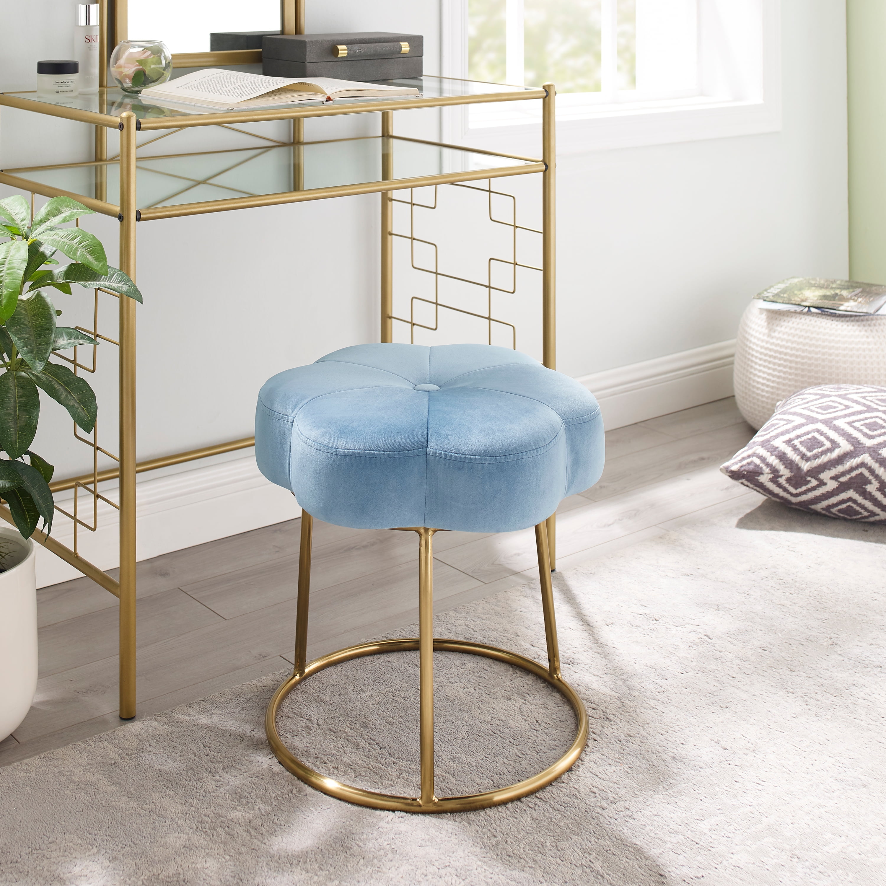 Linon Coston Backless Velvet Vanity Stool, Gold/Light Blue