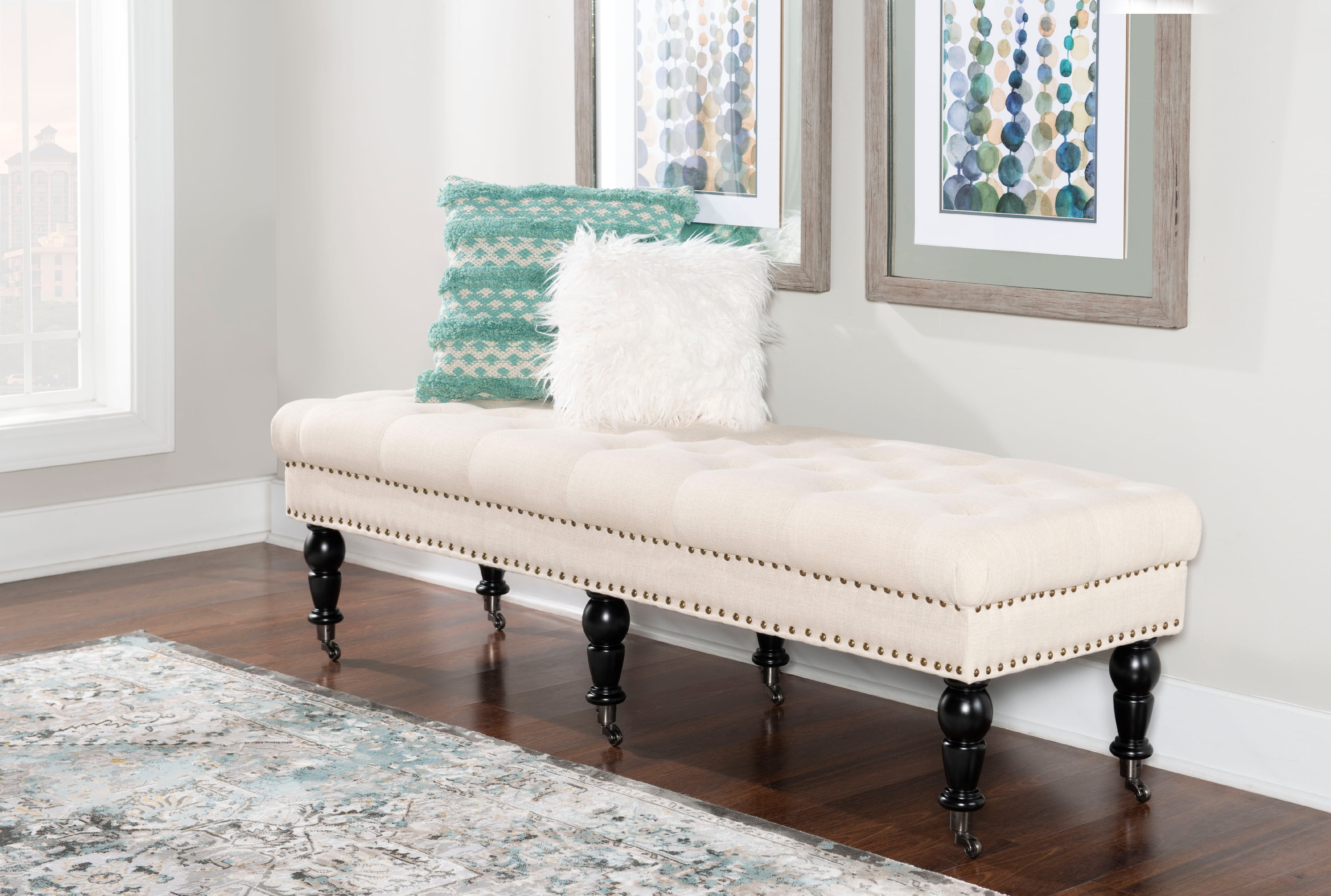 Linon Kacie 62" Wide Buttun Tufted Bench, Dark Espresso with Natural Linen