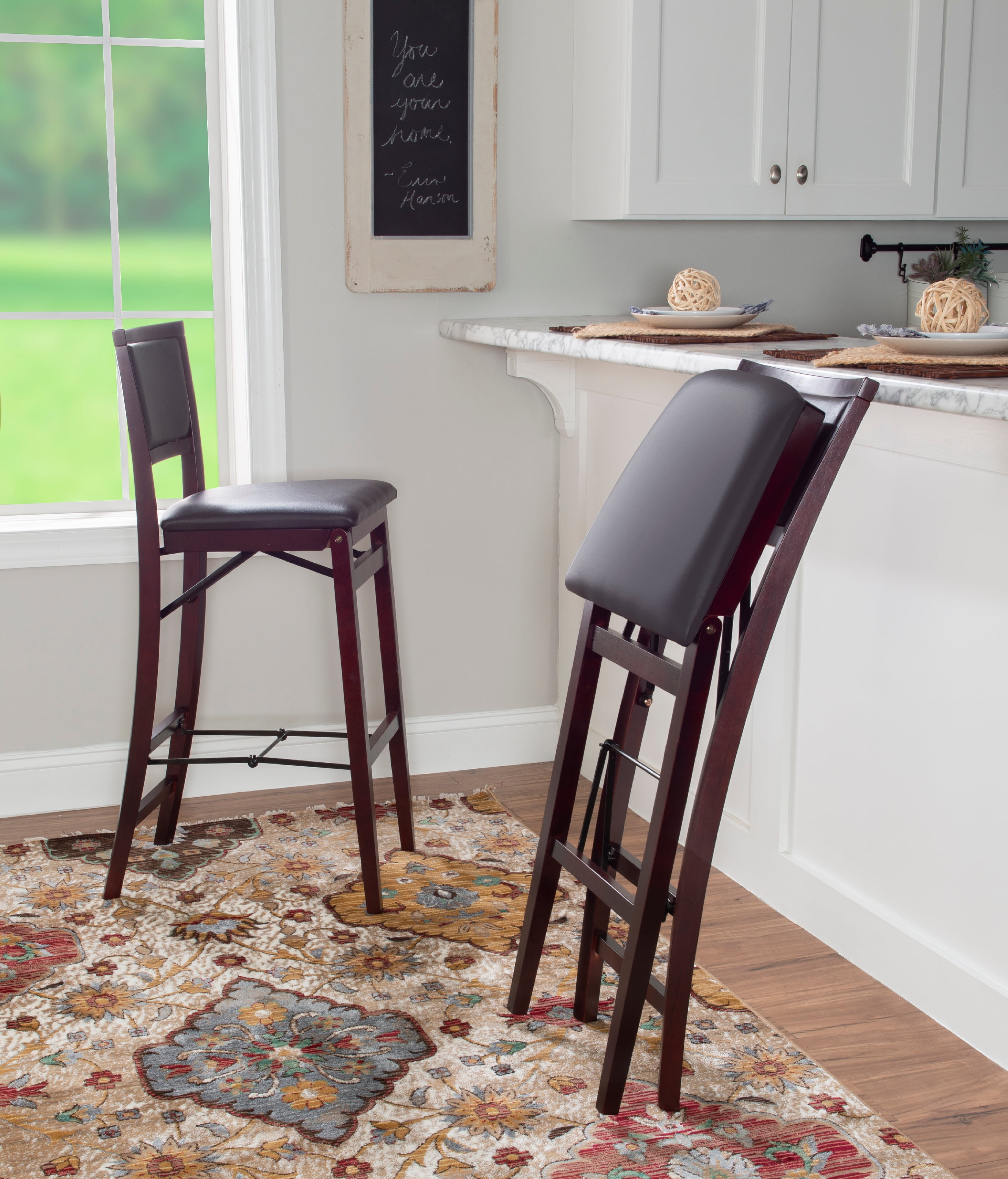 Linon Kristle 30" Folding Mid Back Bar Stool, Merlot/Dark Brown Faux Leather