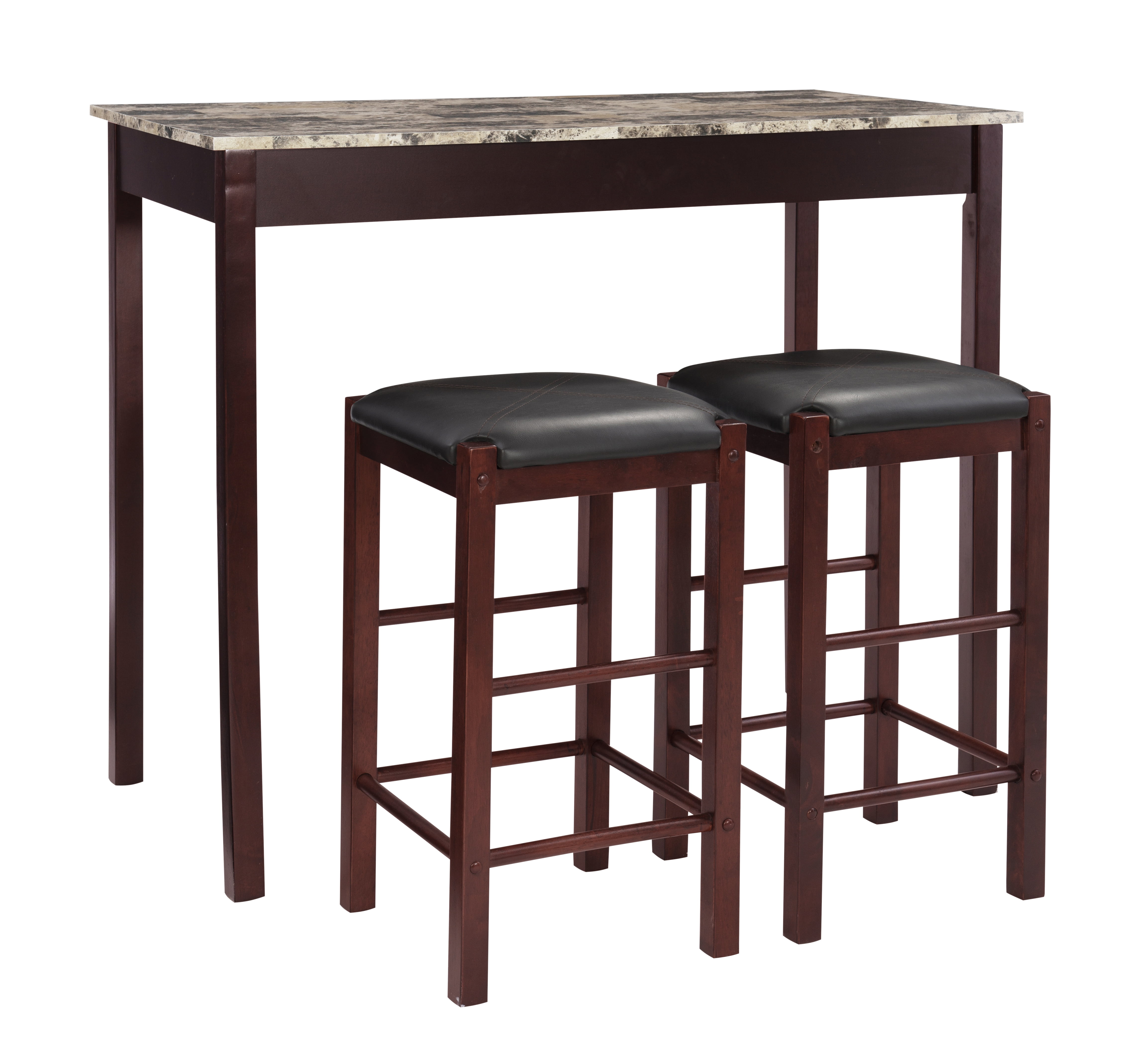 Linon Lancer 3-Piece Transitional Indoor Tavern Set, Espresso/Faux Marble/Black Vinyl