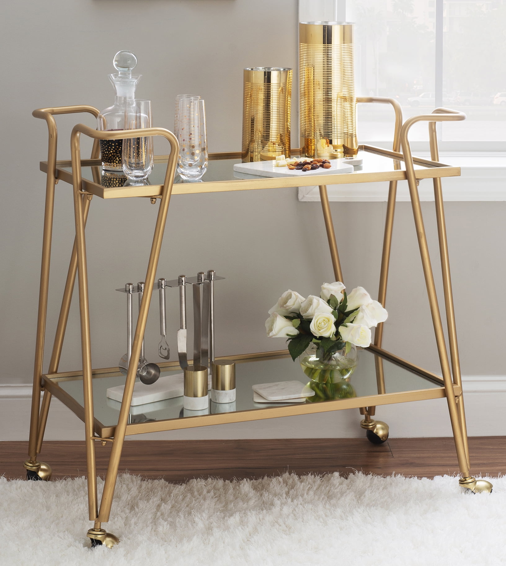 Linon Mia Metal and Mirrored Mid-Century 2 Level Rolling Bar Cart in Gold