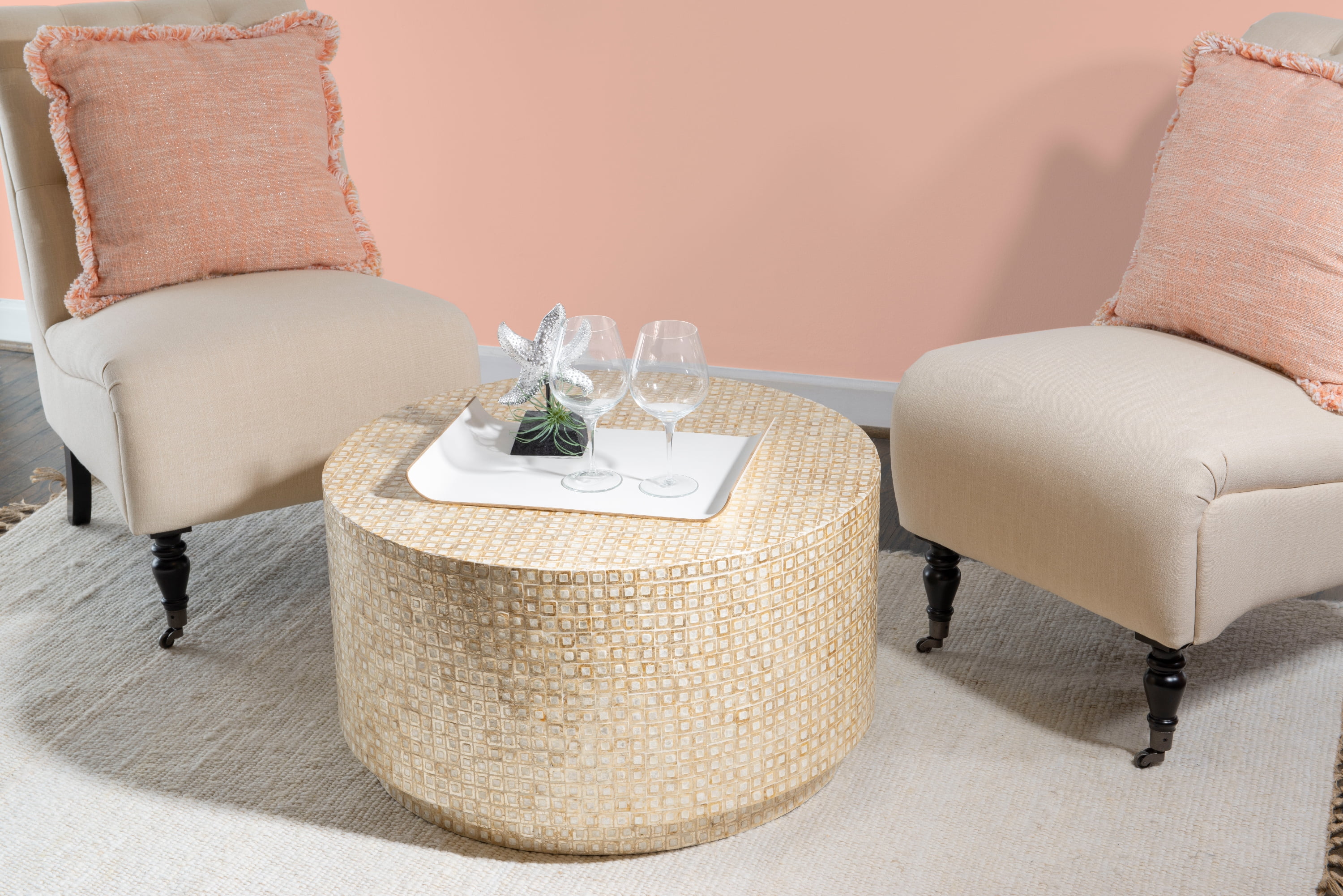 Linon Pomona Round Drum Coffee Table, Gold and Ivory Capiz Shell Finish