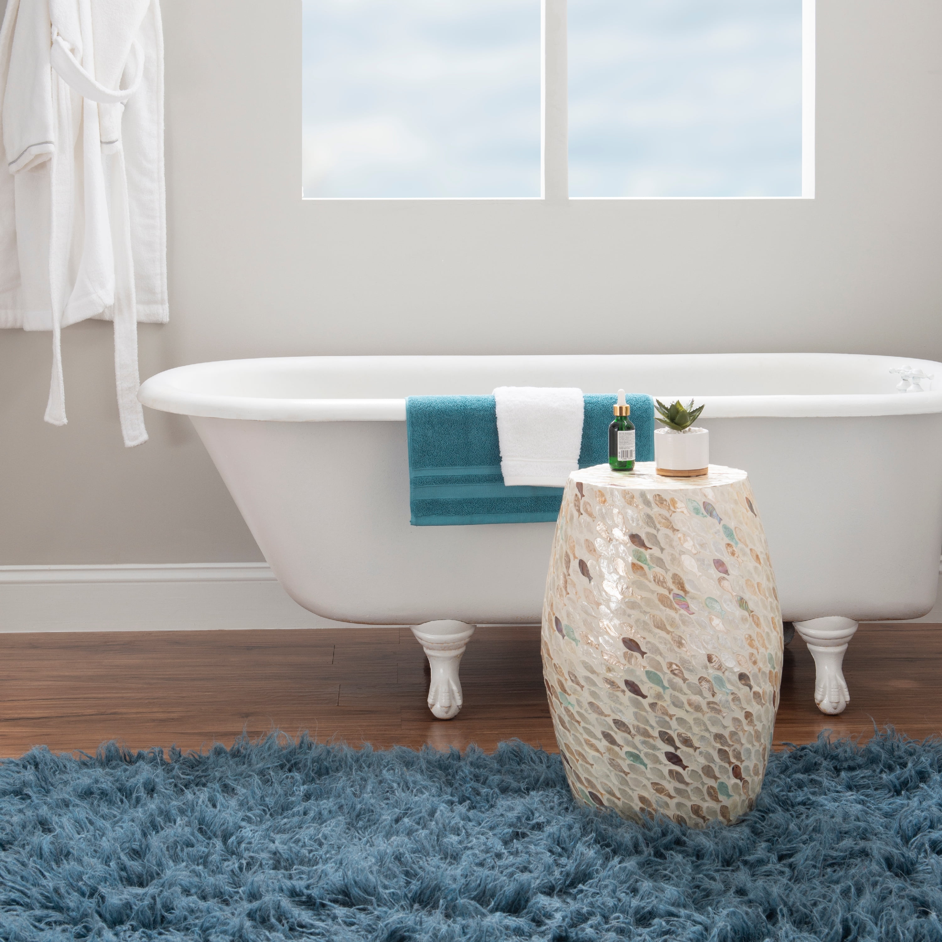 Linon Prescott Indoor Drum Accent Table, 19.75" Tall, Multicolor Fish Mosaic on Ivory