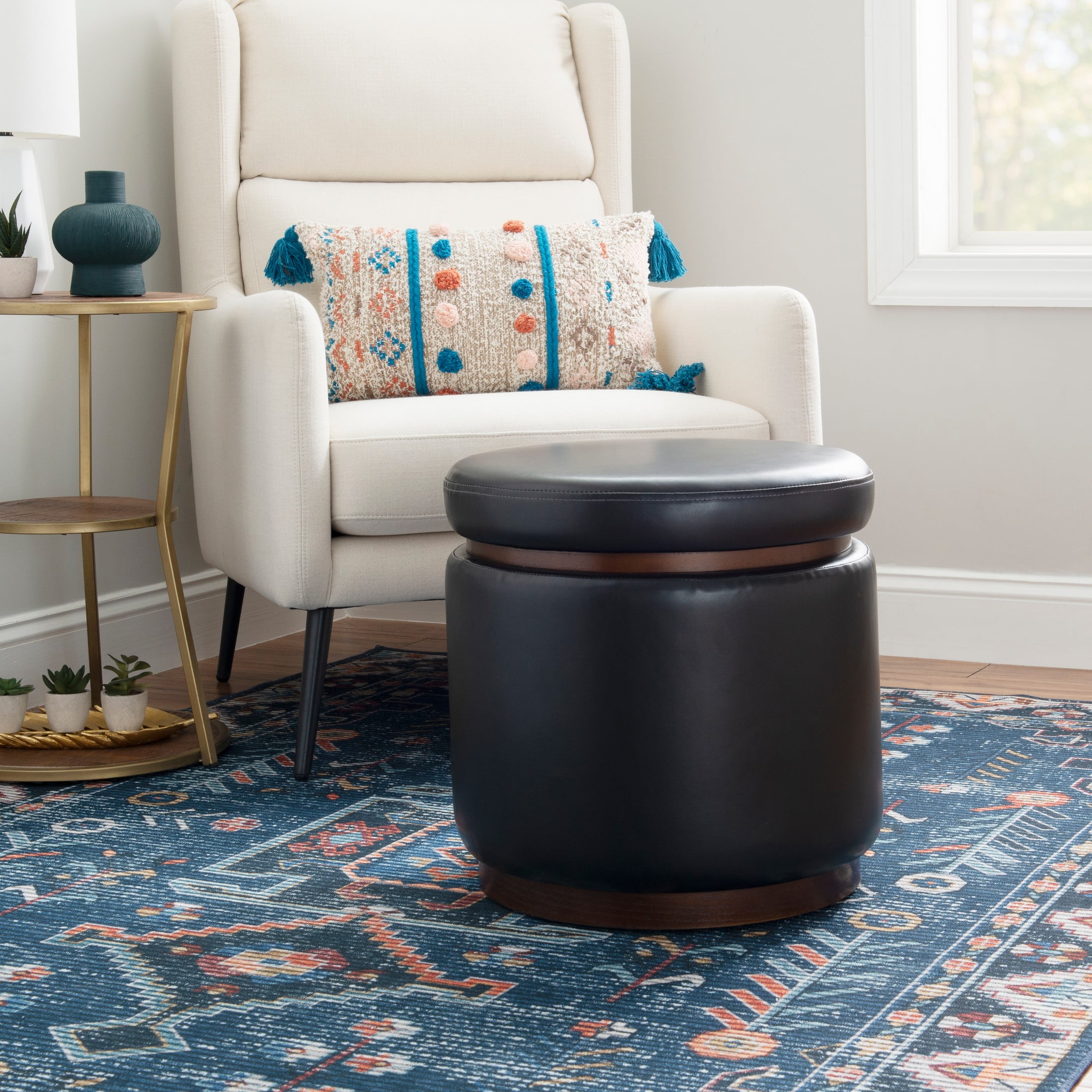 Linon Primrose Storage Ottoman Stool, Walnut Finish with Black Faux Leather