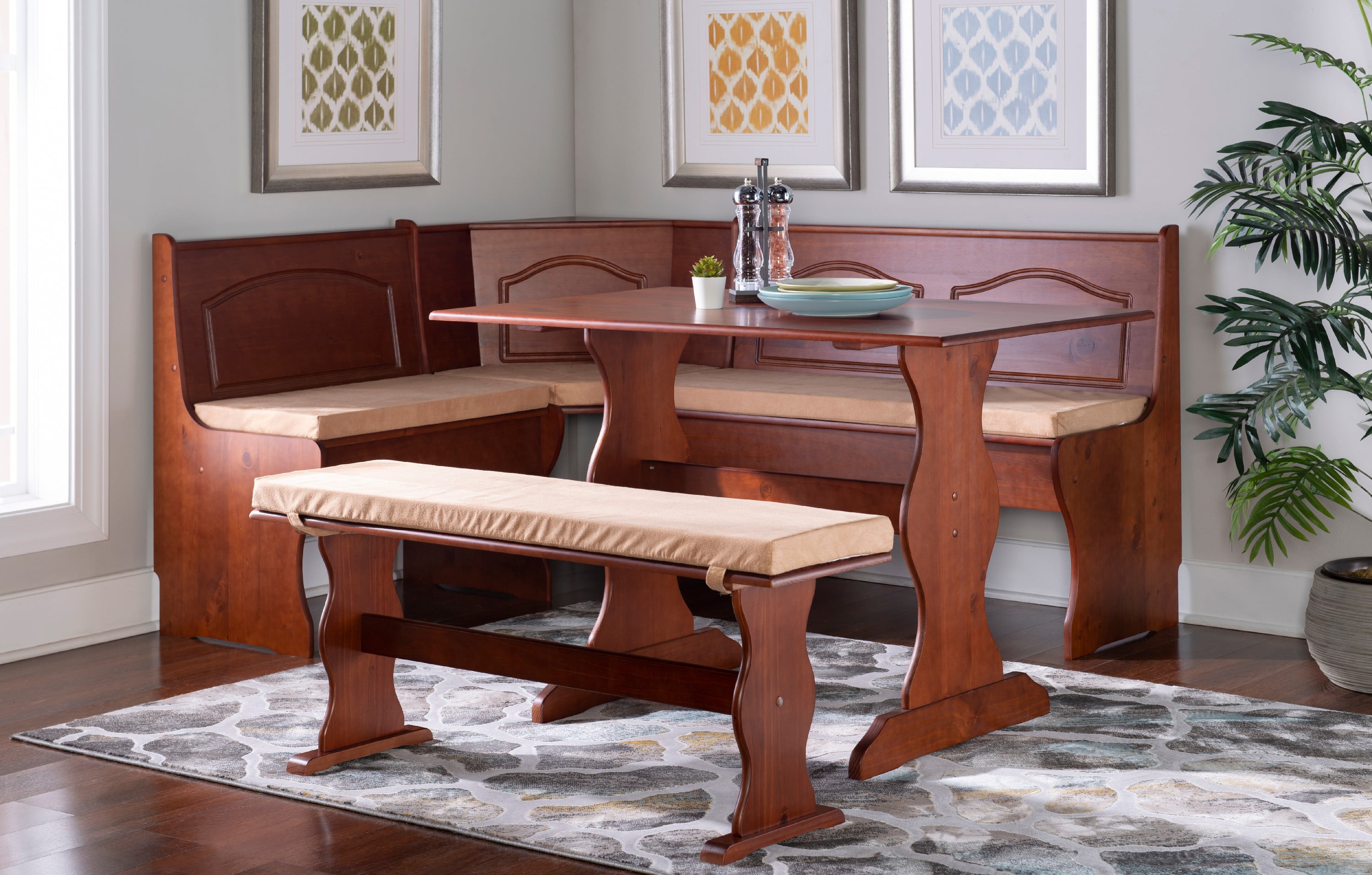 Linon Varden 5-Piece Farmhouse Corner Breakfast Nook Dining Set with Cushions and Storage, Walnut/Beige