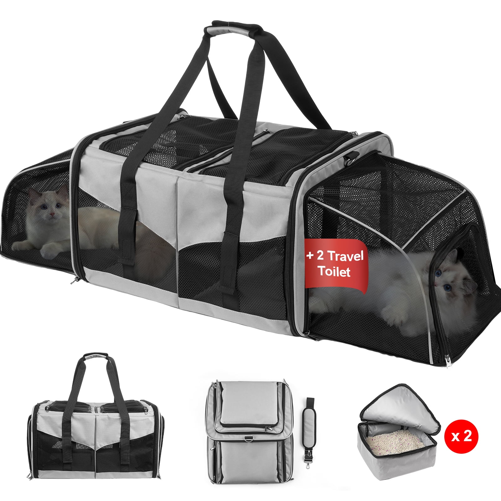 LitaiL Cat Carrier for 2 Cats, 2-in-1 Double Pet Carrier with 2 Litter Boxes, Portable Soft Sided Dog Carrier for Traveling, Gray