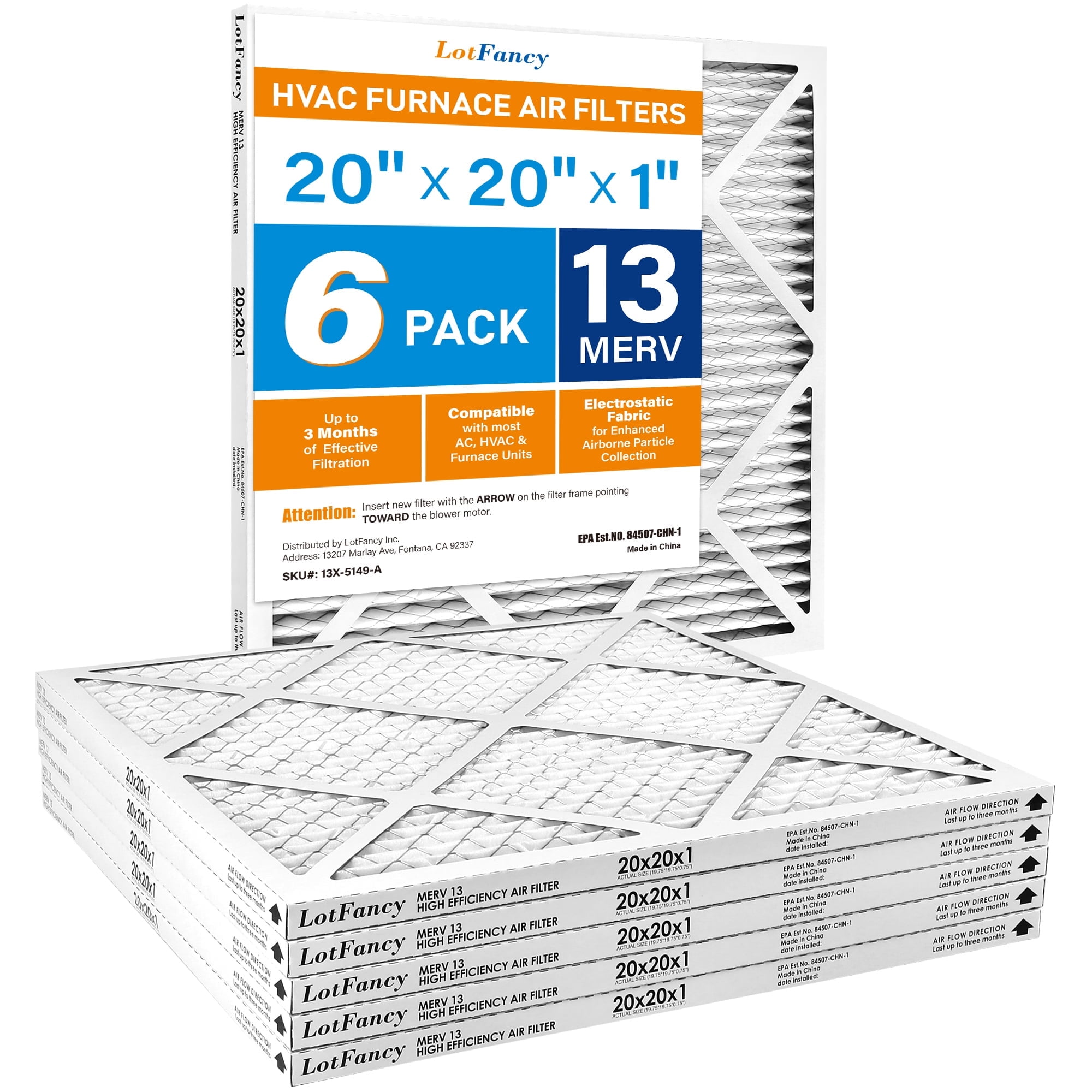 LotFancy 20x20x1 Air Filters, MERV 13 Pleated HVAC AC Furnace Air Filters, 6 Pack