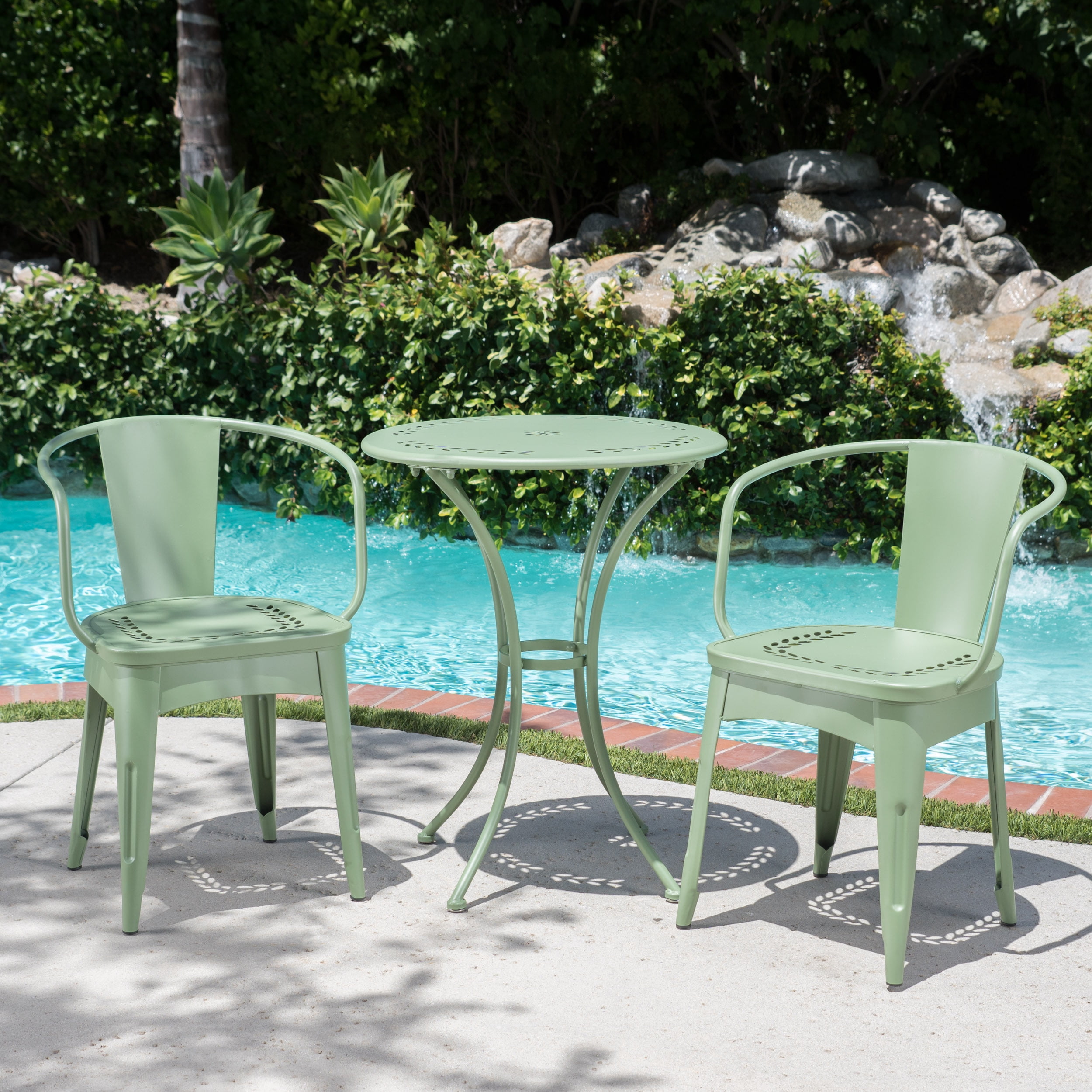 Lucca Outdoor 3 Piece Iron Bistro Set, Matte Green