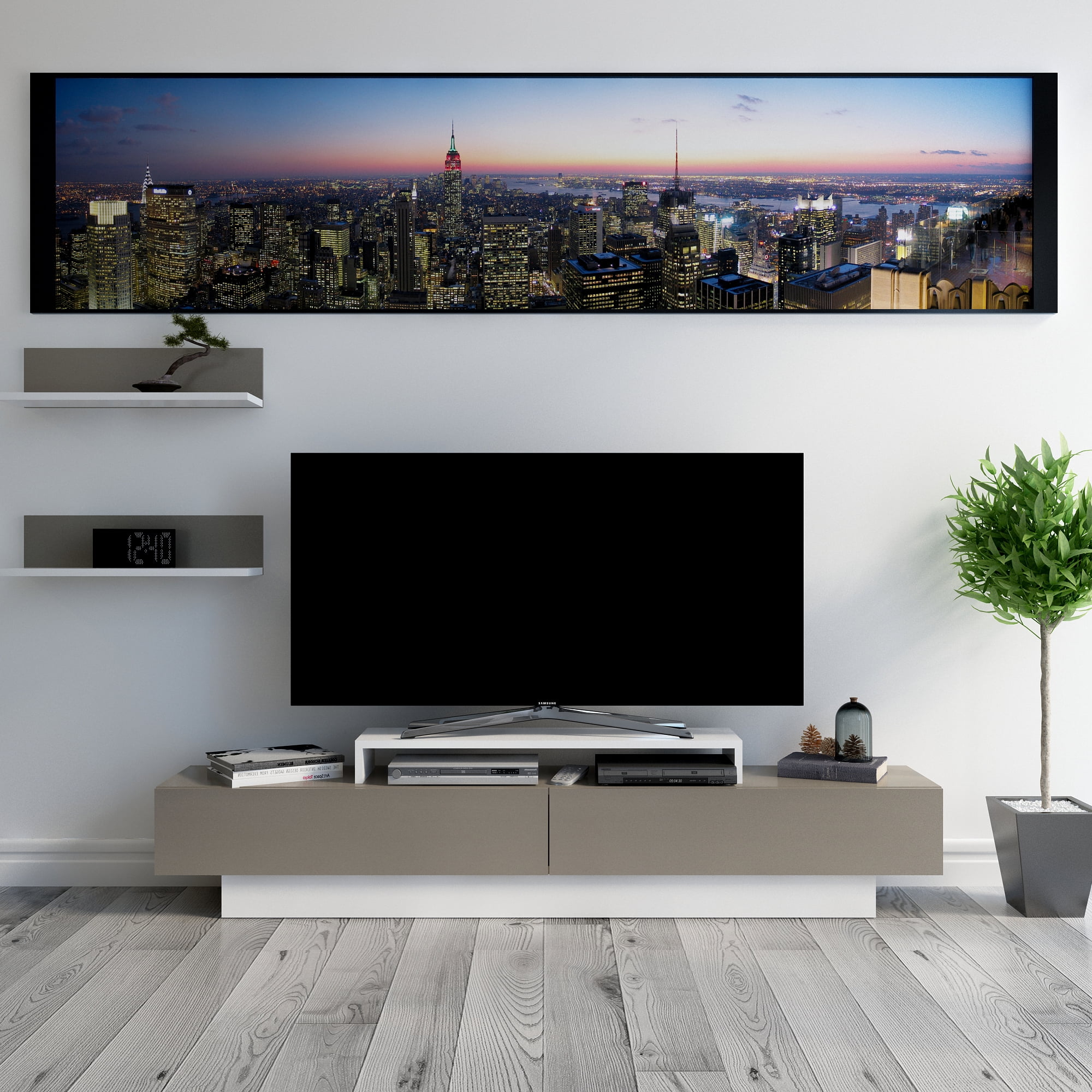 Lusi 71" Modern Wide Rectangle TV Stand, Wood, Melamine Veneer, White & Coffee