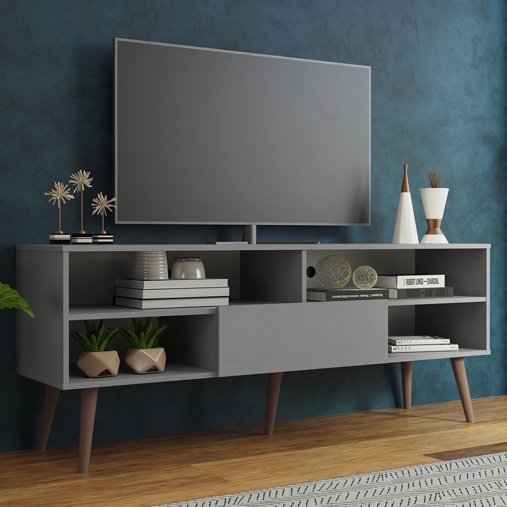 Madesa Modern TV Stand with 1 Door and 4 Shelves with Cable MANAGEMENT for 55, 65 Inch Media Storage Media Console Living Room and Bedroom Entertainment Center Wooden Television Cabinet - Grey