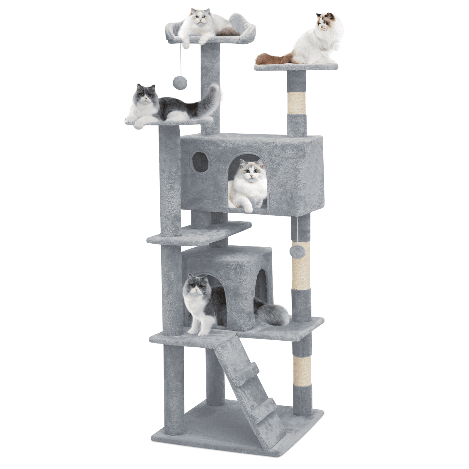 Magshion 60" Multi-Level Cat Tree Tower with Caves, Gentle Ramp, and Pompoms for Indoor Cats, Light Gray