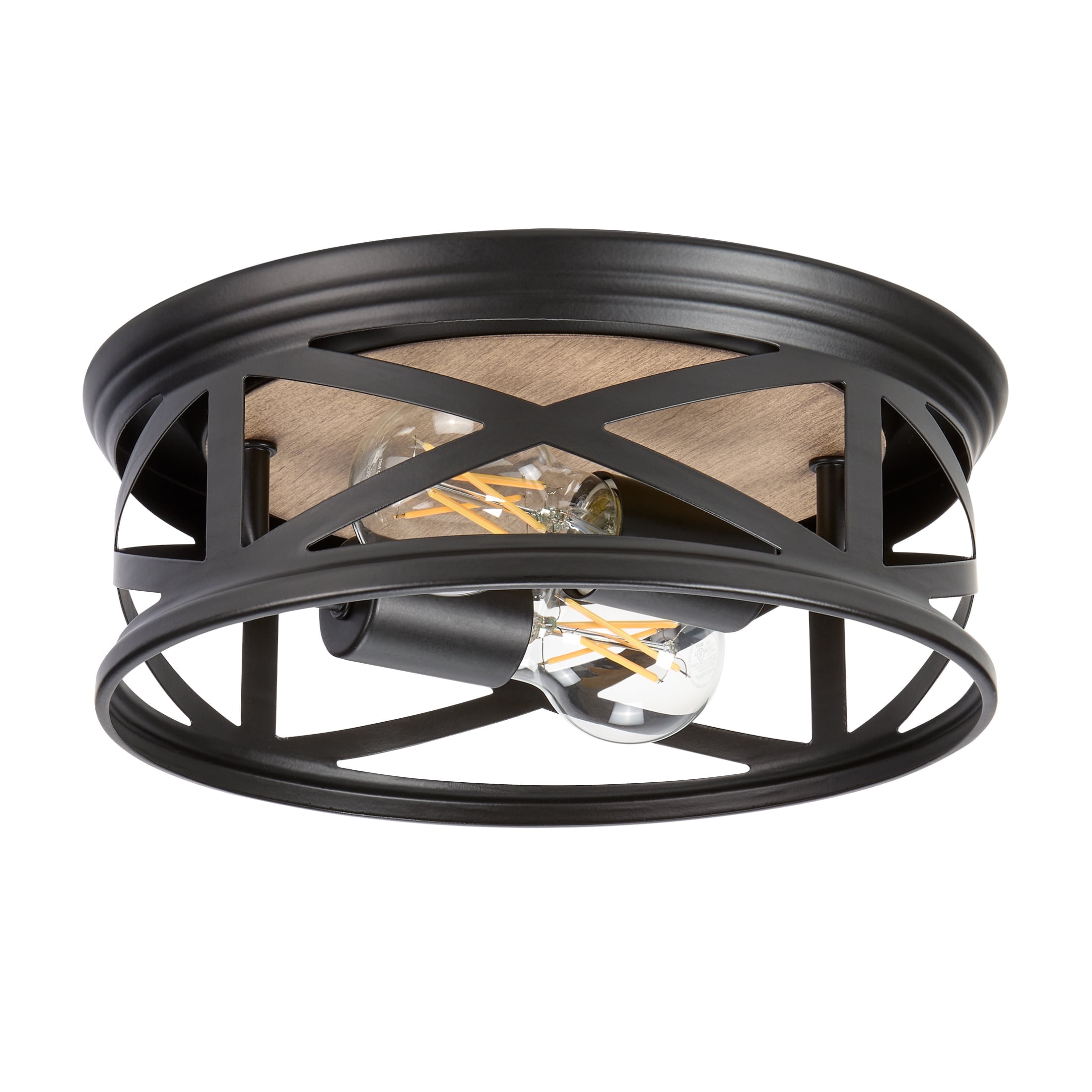 Maxxima 11 in. 2-Light Indoor / Outdoor Flush Mount Ceiling Light, Round Black w/ Wood Grain Farmhouse Fixture, Bulbs Not Included