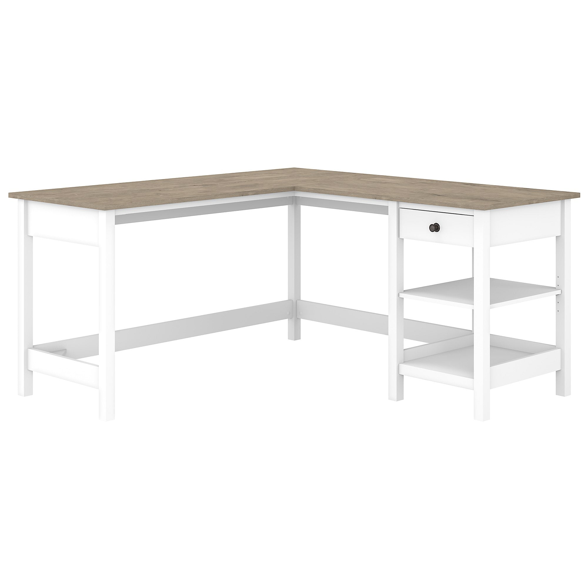 Mayfield 60W L Shaped Computer Desk with Storage in Shiplap Gray and Pure White