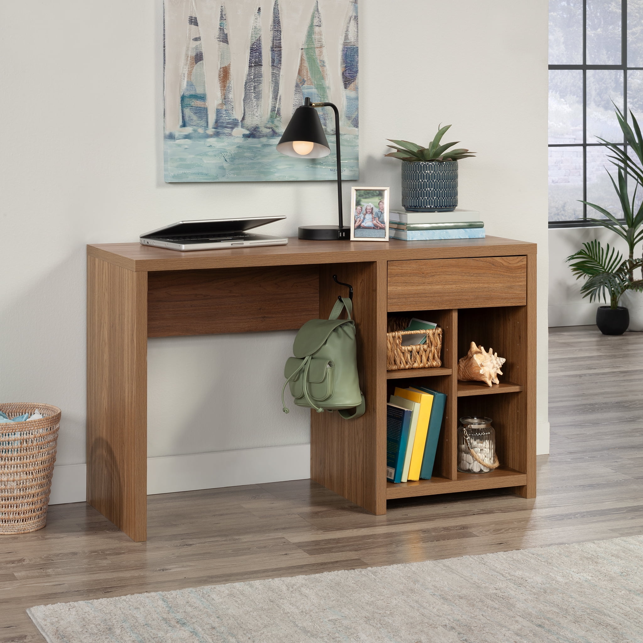 Mainstays Westley Adjustable Shelf Desk with Gaming Headphone Hook and Cable Management, Warm Walnut Finish