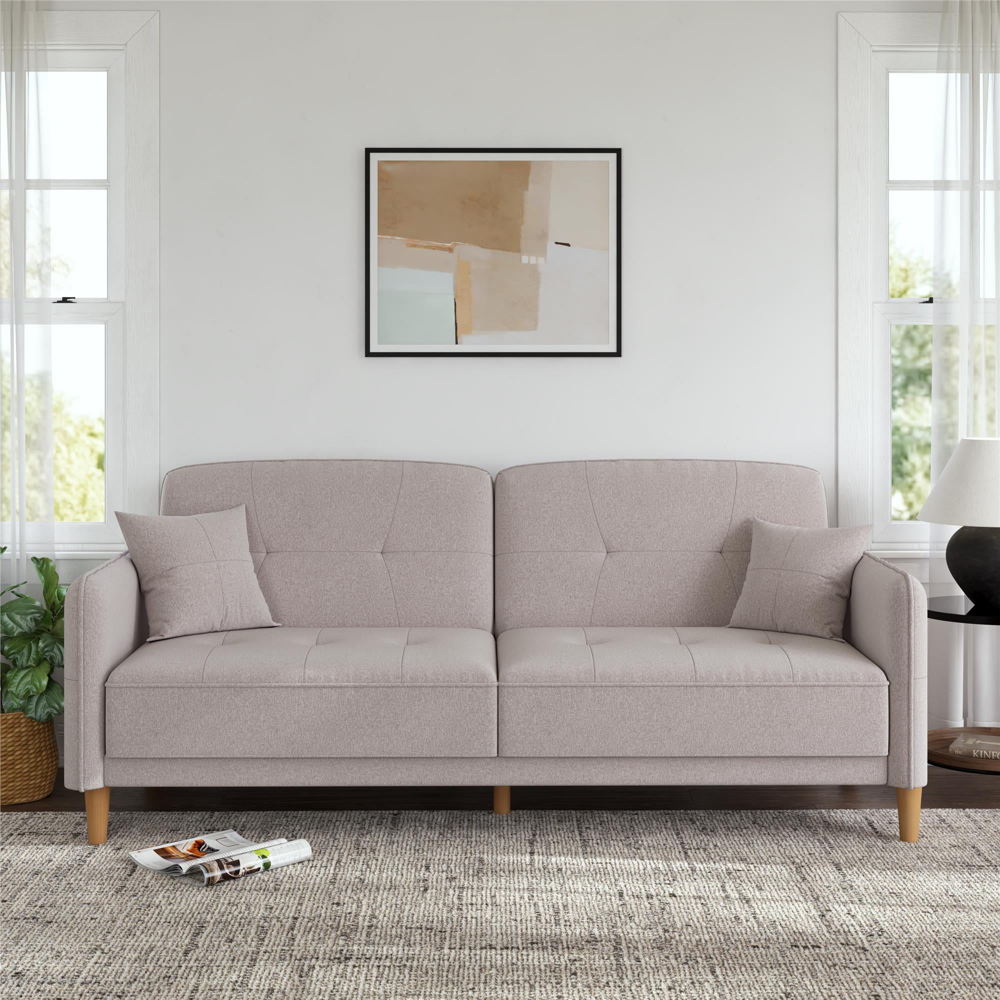 Mainstays Claremonte 78" Tufted 3 Seater Sofa Couch with Throw Cushions, Light Gray Linen