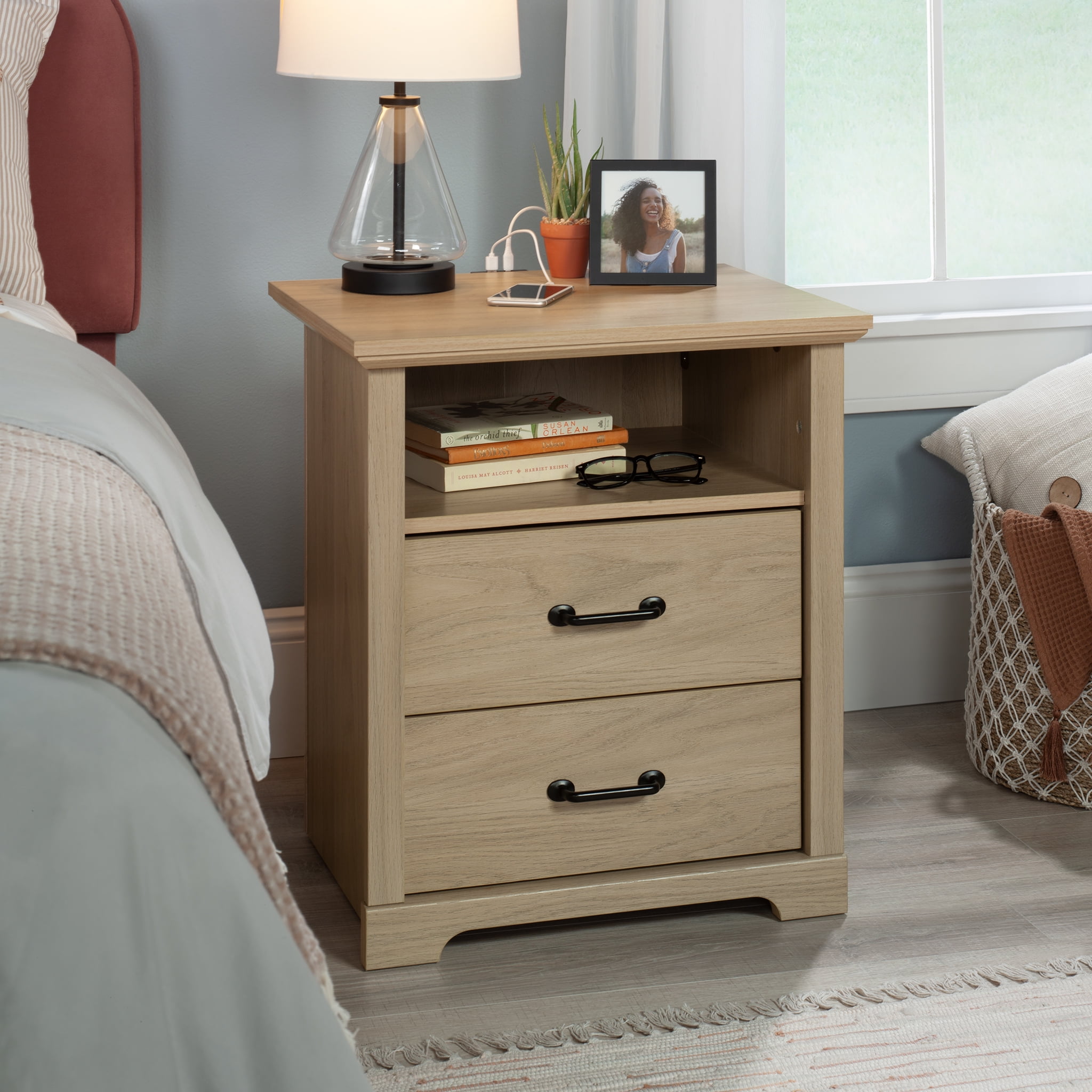 Mainstays Harrington 2 Drawer Nightstand, Washed Oak Finish