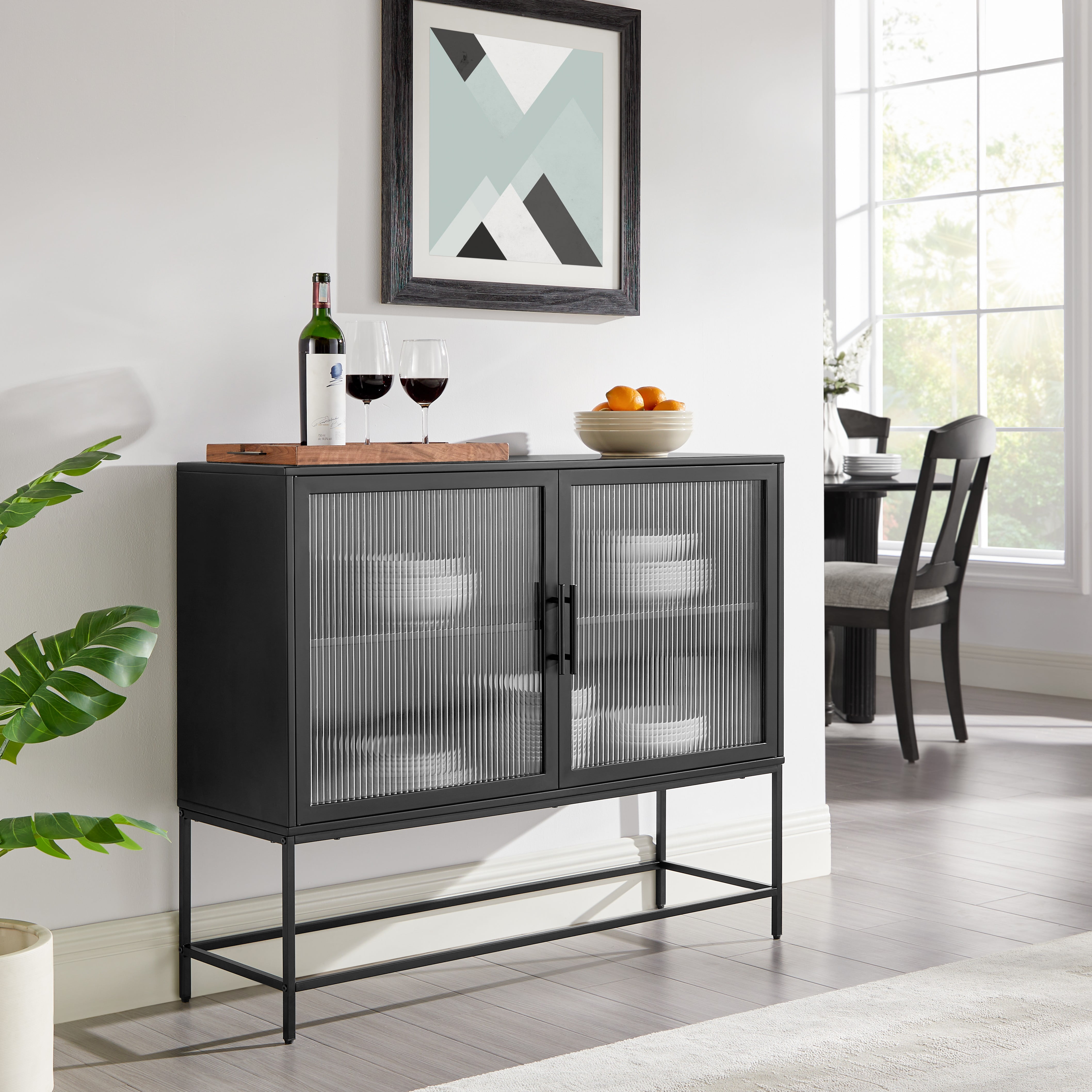 Mainstays Metal and Fluted Glass Bar Cabinet, Black Finish