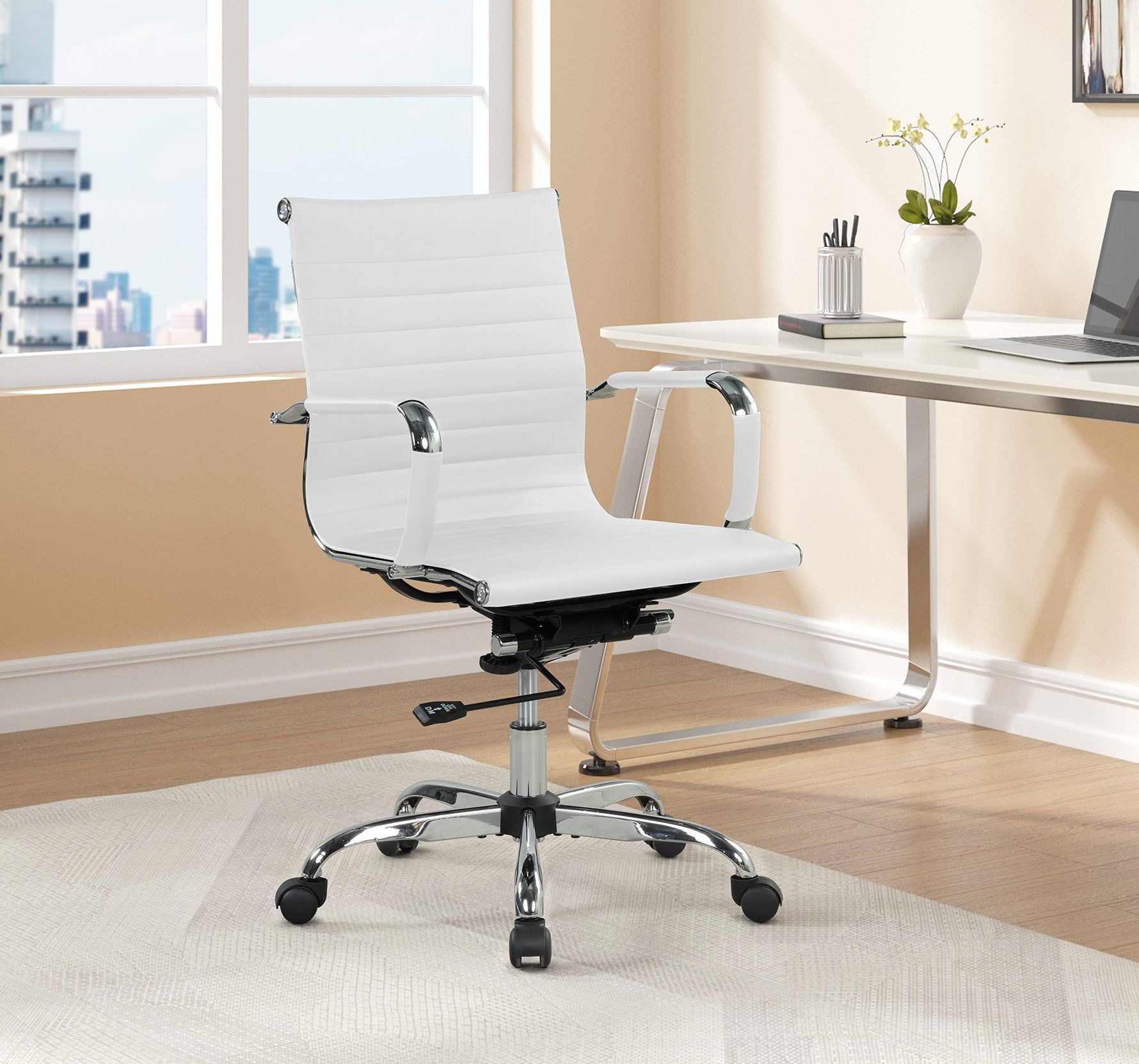Mainstays Ribbed Back PU Leather Office Chair, Adjustable Height, White, for Teens and Adults