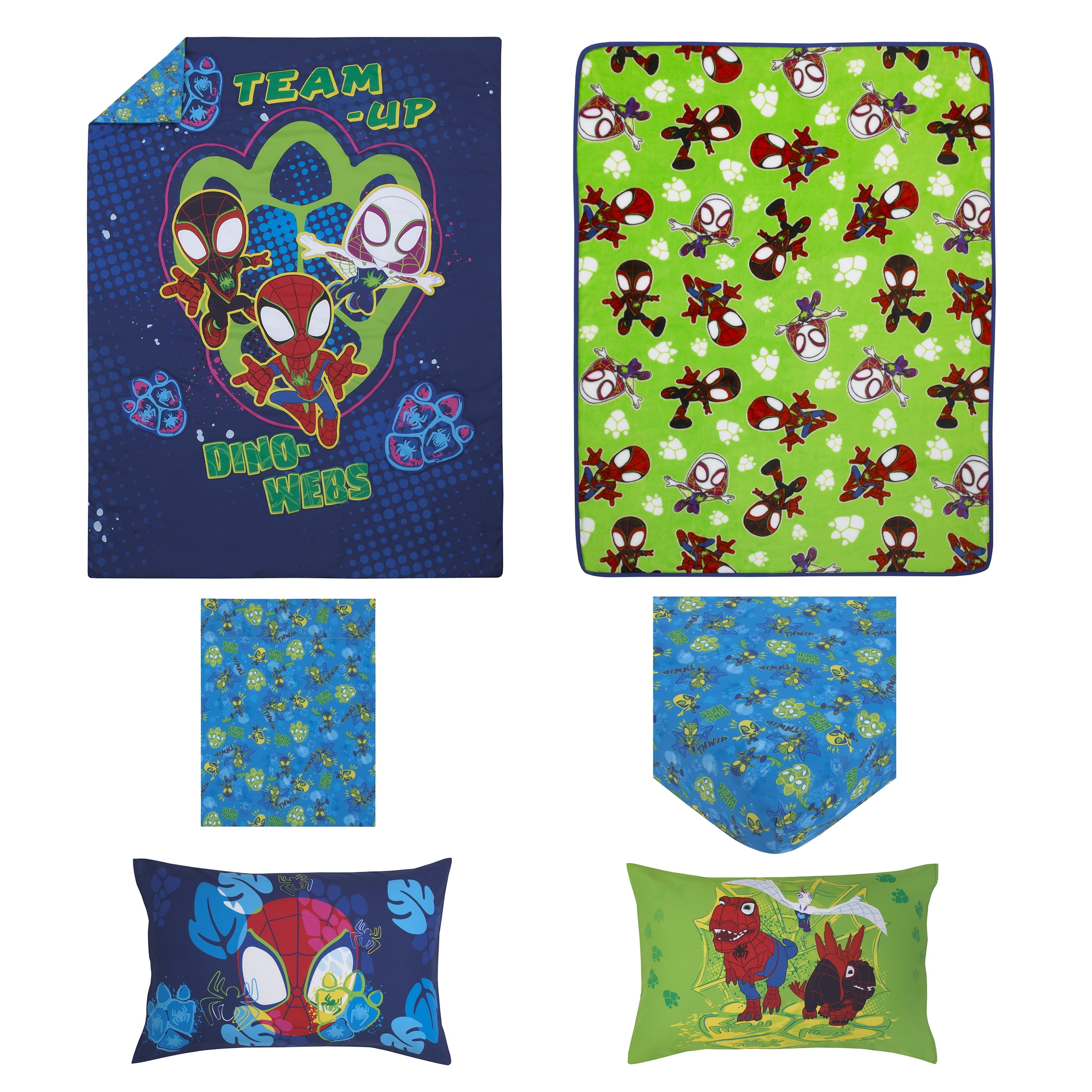 Marvel Spidey Dino Webs 5-Pc Toddler Bed Set - Comforter, Fitted Sheet, Top Sheet, Pillowcase, Blanket, Blue, Toddler Boy