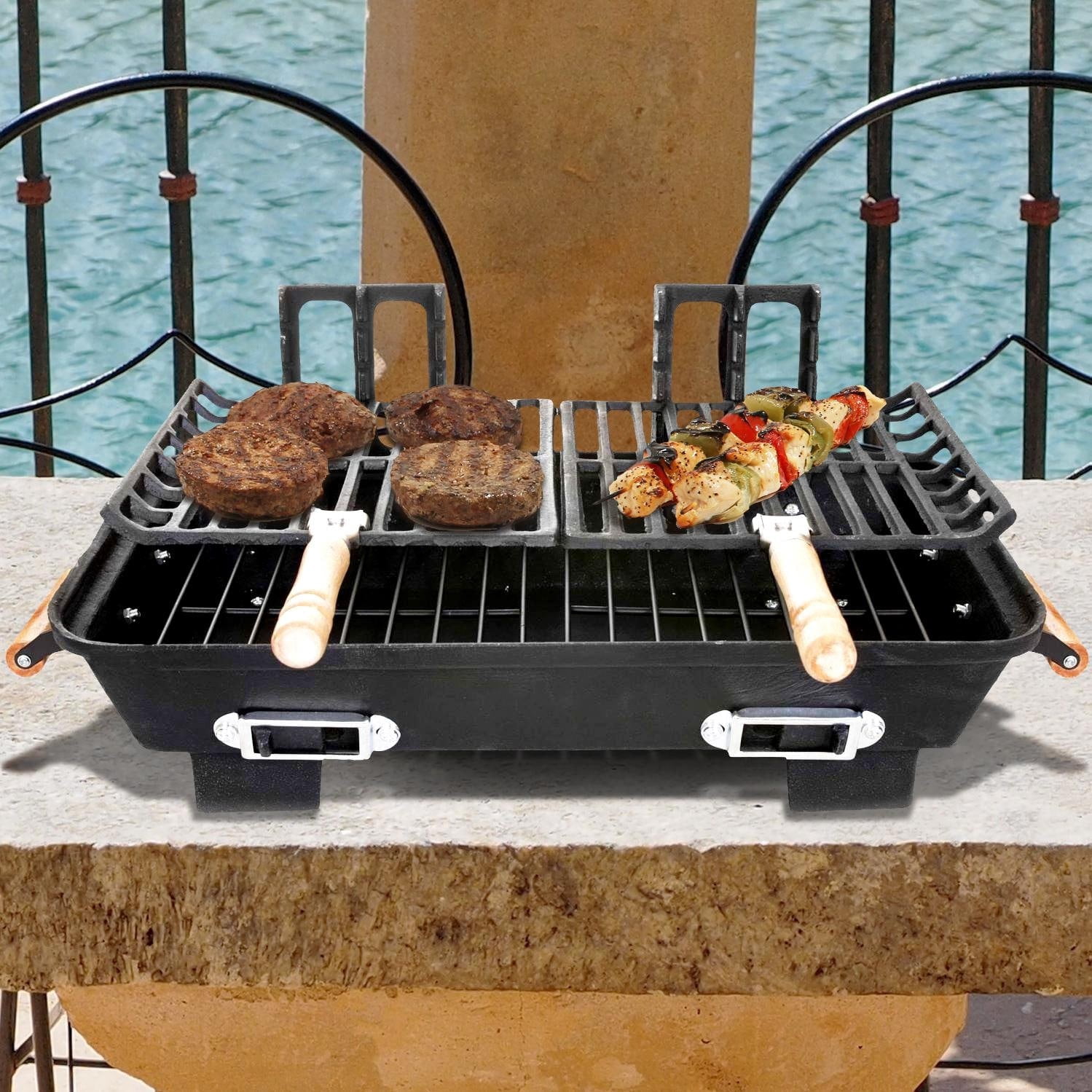 Panacea Hibachi Charcoal Grill Tabletop - Portable Cast Iron Barbecue - Black