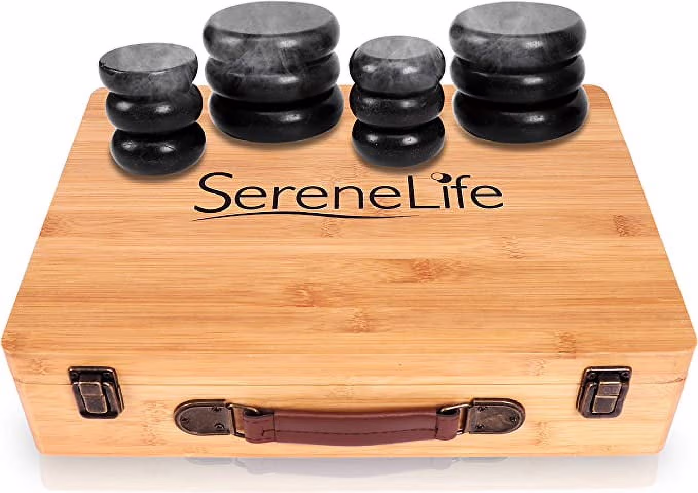 Massage Stone Heater Box Set-Electric Spa Portable Heated Rocks Massage Stones and Warmer Set - Heat Rock Massaging Kit 12 Large/Small Black Stone Set w/Bamboo Heating Case-SereneLife PSLMSGST65.5