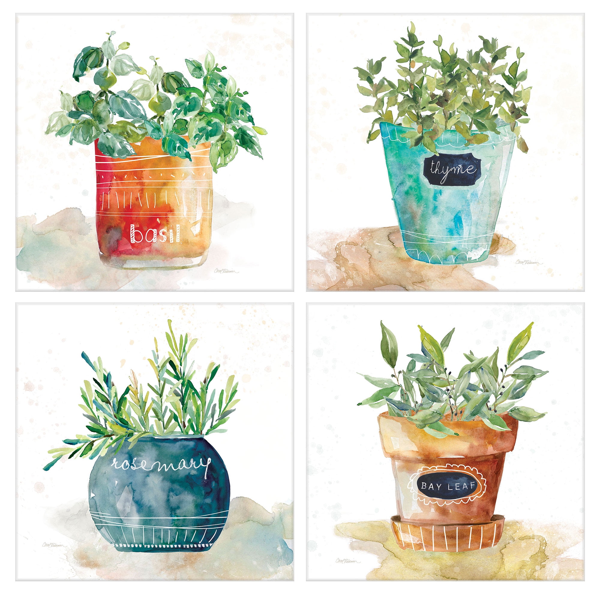 Masterpiece Art Gallery Potted Basil Bay Leaf Rosemary Thyme Herbs By Carol Robinson Canvas Art Print Set Of 4 (16" x 16")