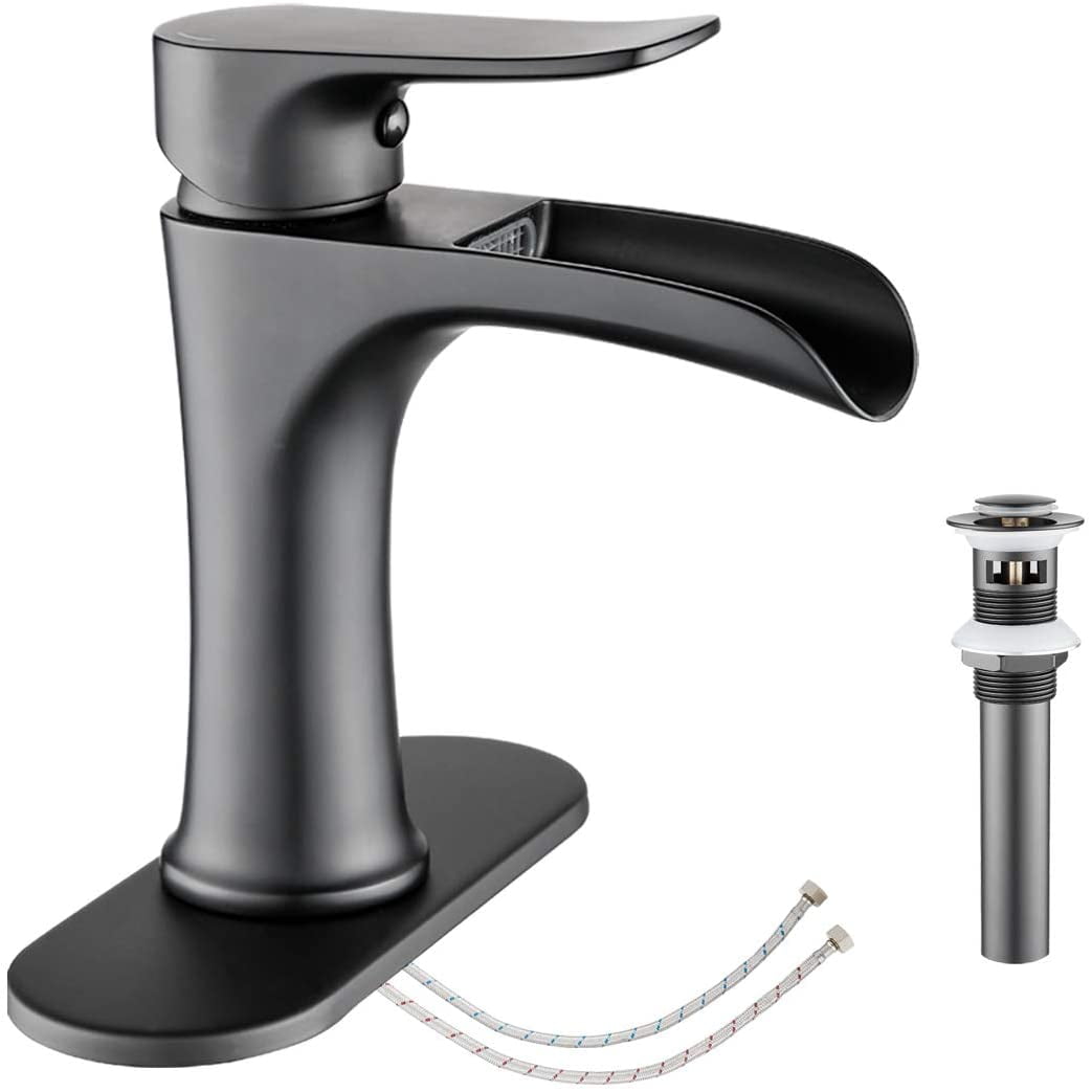 Matte Black Bathroom Faucet YUNDOOM Waterfall Bathroom Sink Faucet with Pop Up Drain Single Handle One Hole or Three Holes Vanity Faucet Farmhouse RV Bathroom Basin Faucet