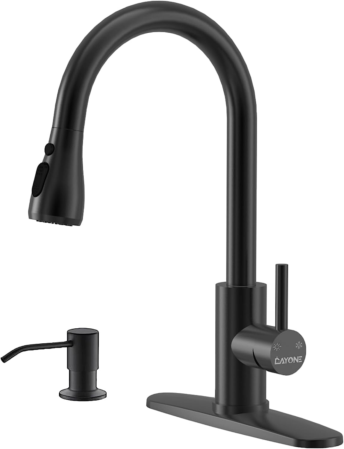 Dayone Matte Black Kitchen Faucet with Pull Down Sprayer, Single Handle High Arc Tap, 360° Swivel Aerator