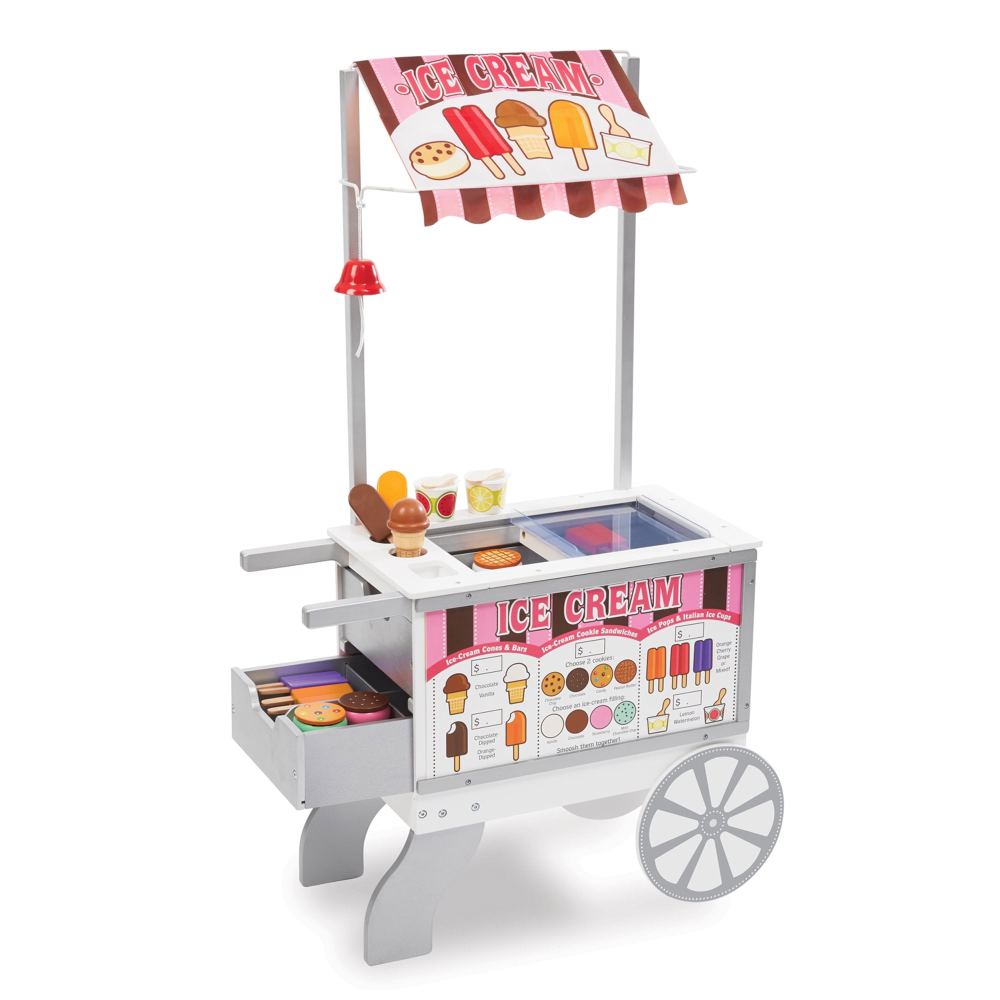 Melissa & Doug Wooden Snacks and Sweets Food Cart - 40+ Play Food Pieces, Reversible Awning