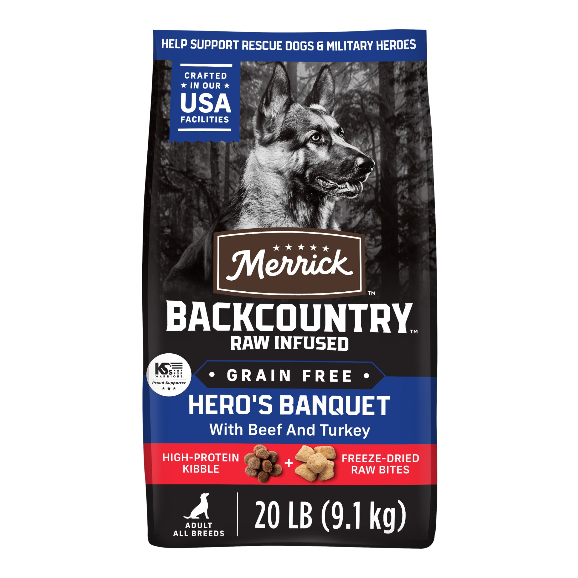 Merrick Backcountry Grain Free Dry Adult Dog Food, Kibble With Freeze Dried Raw Pieces, Hero’s Banquet Recipe, 20.0 lb. Bag