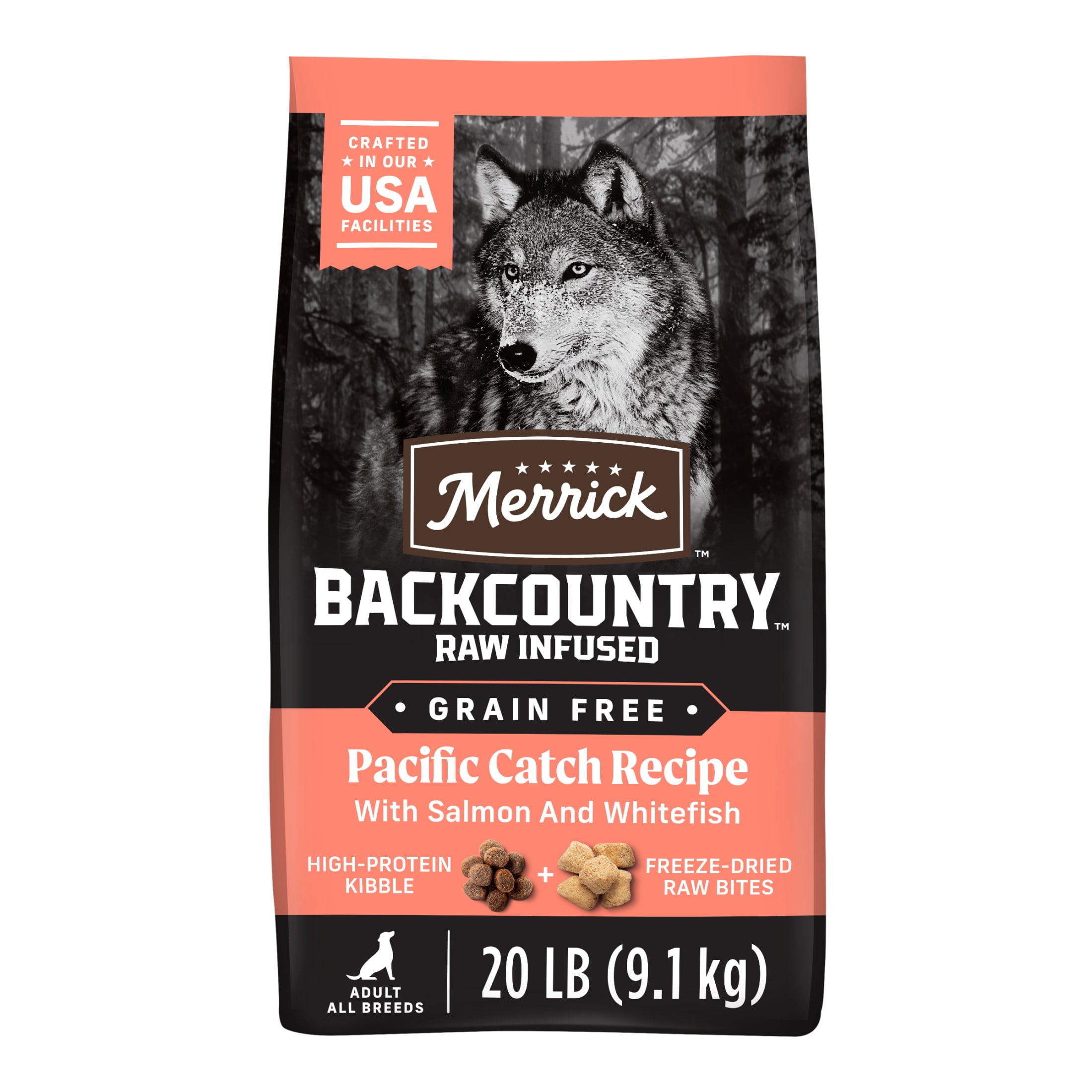 Merrick Backcountry Grain Free Dry Adult Dog Food, Kibble With Freeze Dried Raw Pieces, Pacific Catch With Salmon, 20.0 lb. Bag