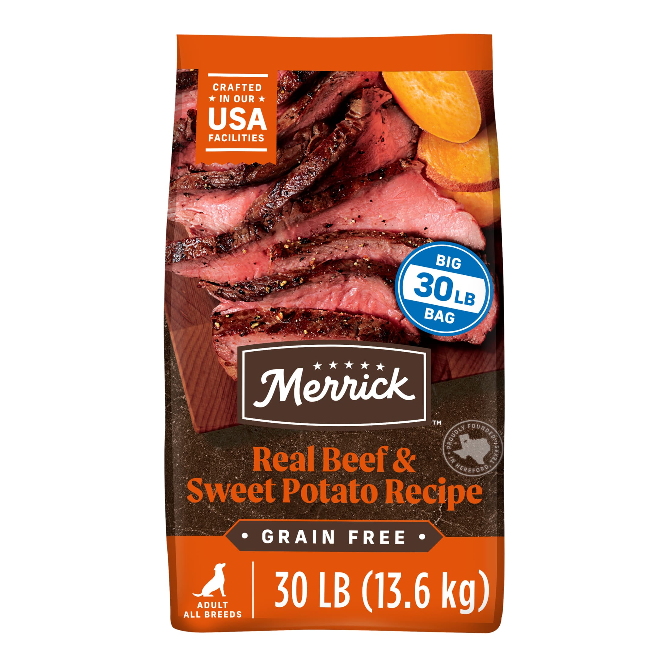 Merrick Premium Grain Free Dry Adult Dog Food, Wholesome And Natural Kibble, Real Beef And Sweet Potato, 30.0 lb. Bag