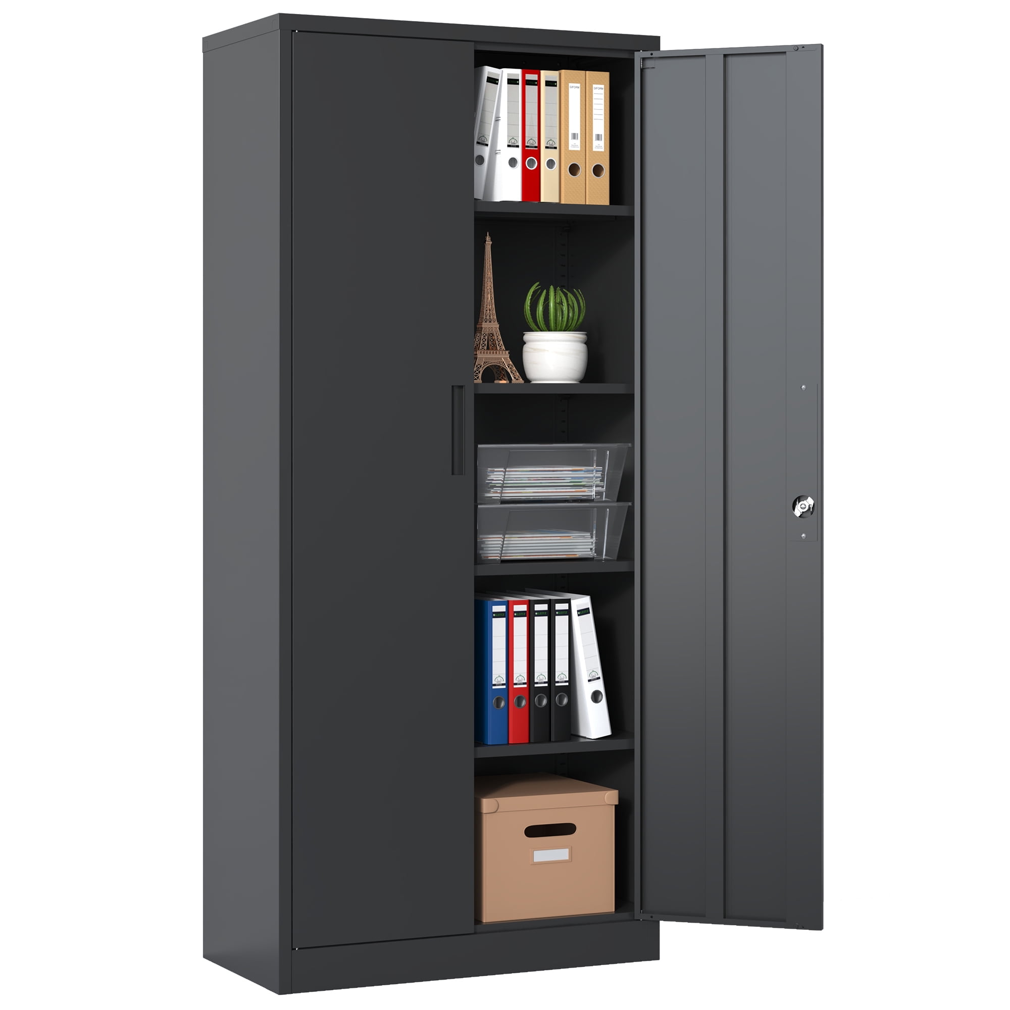 Metal Garage Storage Cabinet, Black Tool Steel Locking Cabinet with Doors and 3 Shelves